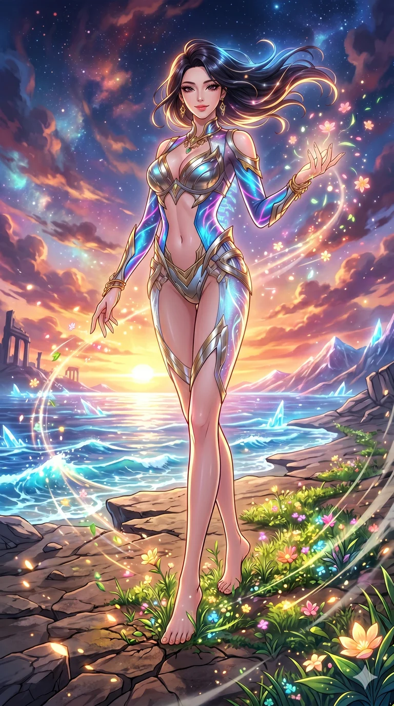 score_9, masterpiece, best quality, ultra-detailed, High-budget Anime Keyframe, vibrant colors, fluid line-art, expressive lighting, cinematic composition, Ufotable-style visual effects, top-tier animation quality, Korean woman with idol-like refined features. Dramatic low angle looking up at her majestic stature, dominating the vertical space of the composition. Restoring life to a barren, dead planet with a single touch, greenery and flowers erupting from her footsteps. She has an absolutely perfect 8-heads proportion, an exceptionally tall and slender female figure with impossibly long slender legs and an ultra-slim waist, her statuesque height and towering silhouette dominating the vertical 9:16 frame. Her face is a masterpiece featuring a sharp v-shaped jawline, high-bridge nose, intricate jewel-like eyes with depth, thick eyelashes, and glossy lips with a natural sheen. She is wearing a Metallic armor-bikini with sharp, aggressive edges and integrated energy-shield generators crafted from Bioluminescent silk that emits a soft, ethereal glow from within the fabric, boasting shoulder cut-outs and a glowing spinal interface visible through the back. The scene is set in a vibrant sunset over a futuristic crystalline ocean with waves made of liquid light, illuminated by soft bioluminescent glow from the environment casting ethereal colors on her skin. 2k, ultra detail, master piece, 9:16 ratio