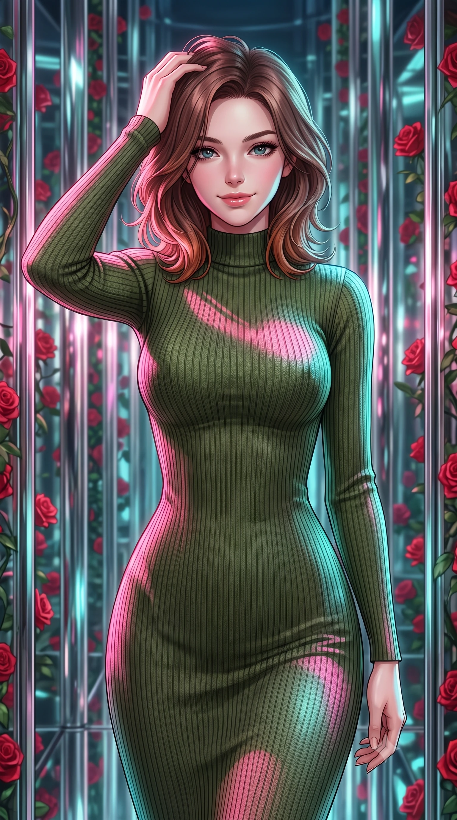 score_9, masterpiece, best quality, ultra-detailed, high-budget anime keyframe, editorial fashion photography, tasteful artistic composition, Korean woman. close-up cowboy shot from the waist and thighs up, the character dominates the composition, filling the frame with her large presence, background elements kept in soft focus. slowly running a hand through her hair, smiling with quiet, magnetic self-assurance directly into the camera, the background shows a soft-focus a vertical mirror maze with endless reflective chrome columns and red roses. She has an exceptionally elegant, slender, and willowy female figure with an ultra-slim waist, a gracefully sculpted slender torso, and a refined silhouette. sharp v-shaped jawline, high-bridge nose, intricate jewel-like eyes with depth, thick eyelashes, glossy lips with a natural sheen. wearing a tailored body-hugging ribbed carbon-fiber knit bodycon midi dress in olive green, featuring a snug mock-neck. shifting pink and turquoise light patterns casting dynamic highlights. highly saturated vibrant anime colors, detailed shading with soft gradients, rich glossy textures, high-contrast stereoscopic depth, volumetric dynamic lighting, master piece, 9:16 ratio