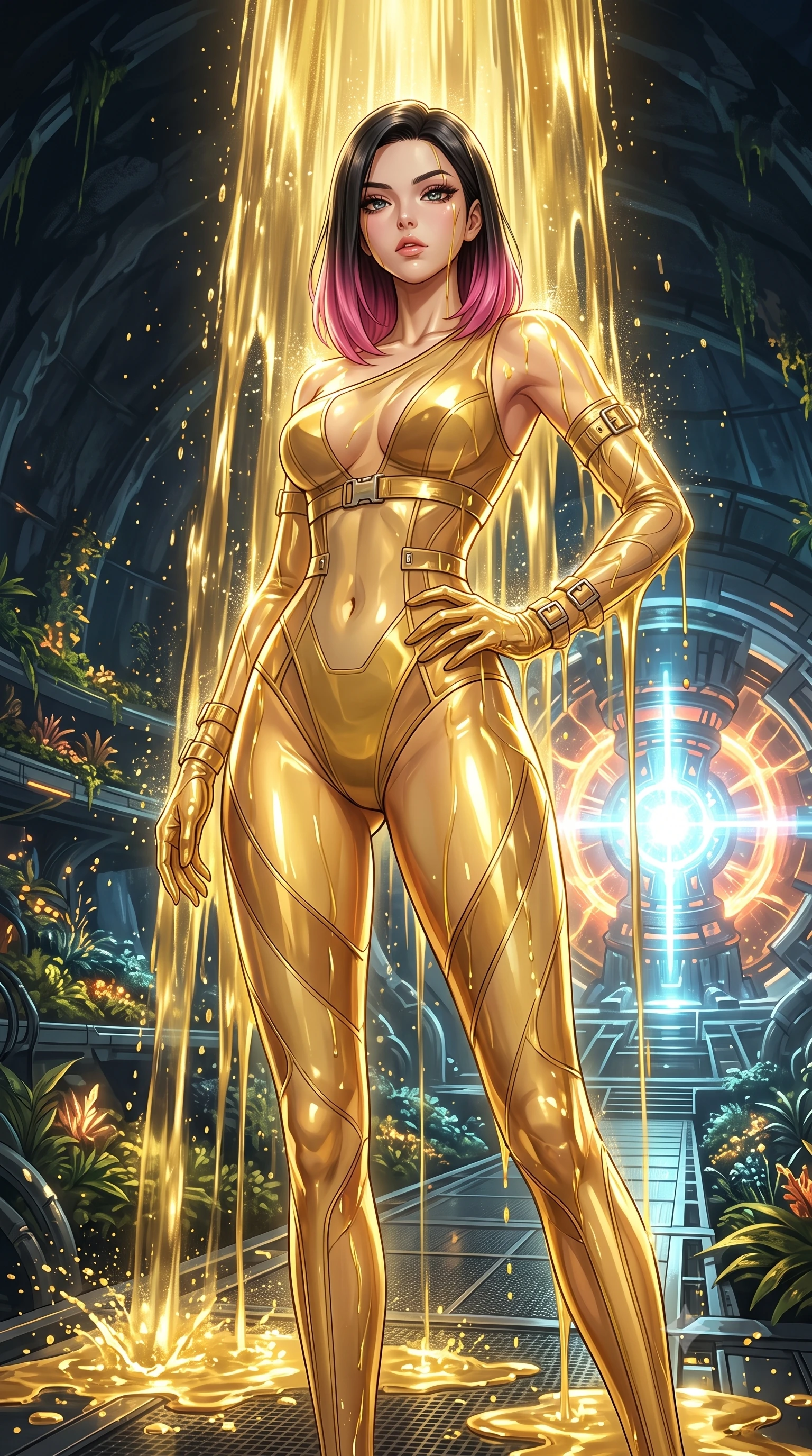 score_9, masterpiece, best quality, ultra-detailed, High-budget Anime Keyframe, East Asian woman. Low angle cowboy shot filling the entire 9:16 frame with her statuesque presence. Scenario 344: standing under a waterfall of liquid gold, the fluid coating her form, in a secret bio-dome containing a giant glowing fusion reactor. Her presence is magnetic and overpowering in this high-budget anime scene. Outfit 344: a body-hugging sheer organza gold with a low-cut shoulder and metallic buckles. The clothing is designed to emphasize her exceptionally tall and slender 8-heads proportion. 8-heads proportion, towering silhouette, ultra-slim waist. sharp v-shaped jawline, intricate jewel-like eyes with depth, thick eyelashes, glossy lips. 2k, ultra detail, master piece, 9:16 ratio