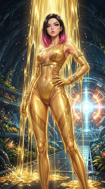 score_9, masterpiece, best quality, ultra-detailed, High-budget Anime Keyframe, East Asian woman. Low angle cowboy shot filling the entire 9:16 frame with her statuesque presence. Scenario 344: standing under a waterfall of liquid gold, the fluid coa