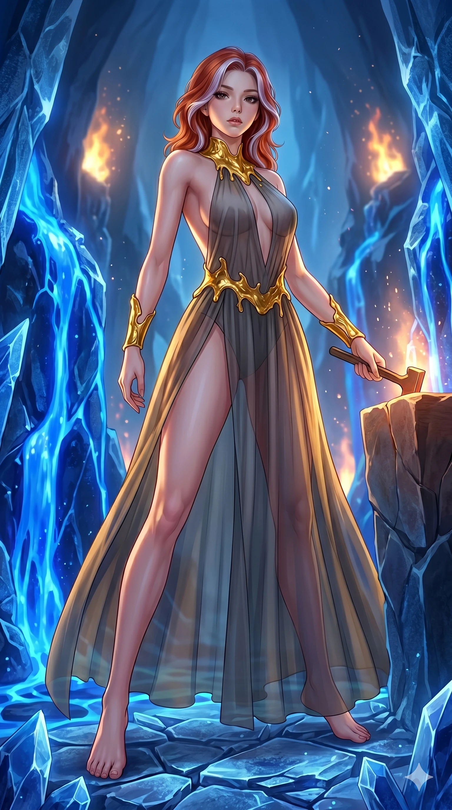 score_9, masterpiece, best quality, ultra-detailed, high-budget anime keyframe, Korean woman. low angle full-body shot filling the entire 9:16 frame with her statuesque presence, stretching the vertical silhouette. forging in a prismatic ice-volcano temple where glowing cobalt-blue liquid magma flows between frozen blue ash crystals. She has an absolutely perfect 8-heads proportion, an exceptionally tall and slender female figure with impossibly long slender legs and an ultra-slim waist. V-shaped jawline, high-bridge nose, intricate jewel-like eyes with depth, thick eyelashes, glossy lips with a natural sheen.. wearing a molten gold and chiffon gown, featuring organic liquid gold collar and cuffs on a translucent charcoal-gray halter neck chiffon gown with a deep backless design. illuminated by dramatic chiaroscuro casting soft shadows along her curves, with vibrant backlighting highlighting the dust particles. 2k, ultra detail, master piece, 9:16 ratio