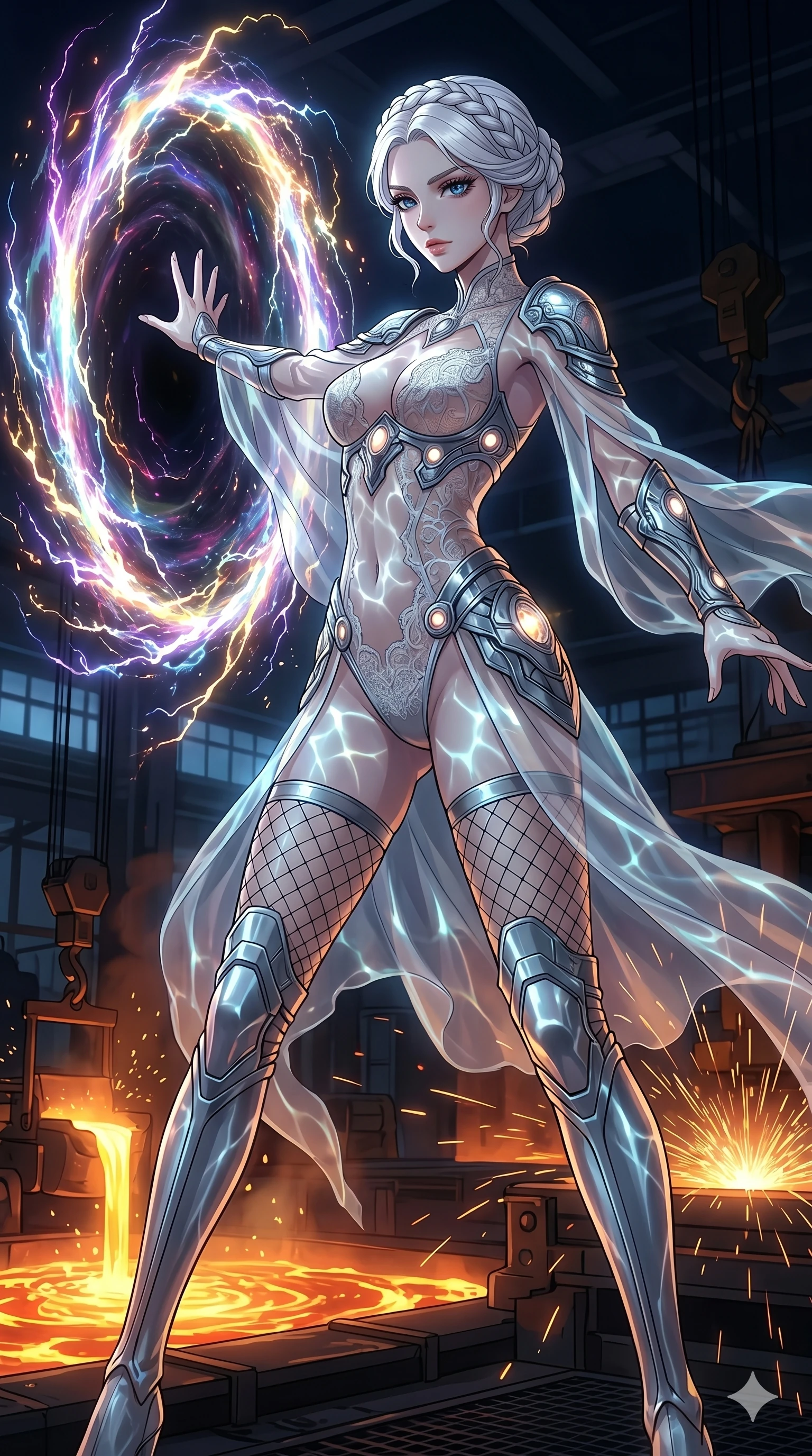 score_9, masterpiece, best quality, ultra-detailed, High-budget Anime Keyframe, vibrant colors, fluid line-art, expressive lighting, cinematic composition, Ufotable-style visual effects, top-tier animation quality, Japanese woman with delicate and elegant anime-inspired features. Low angle cowboy shot filling the entire 9:16 frame with her statuesque presence, looking up to emphasize her height. Summoning a swirling portal to another dimension with her bare hands, the edges of the rift crackling with unstable energy. She has an absolutely perfect 8-heads proportion, an exceptionally tall and slender female figure with impossibly long slender legs and an ultra-slim waist, her statuesque height and towering silhouette dominating the vertical 9:16 frame. Her face is a masterpiece featuring a sharp v-shaped jawline, high-bridge nose, intricate jewel-like eyes with depth, thick eyelashes, and glossy lips with a natural sheen. She is wearing a Sheer lace catsuit with strategically placed armor plating and glowing energy nodes crafted from Sheer silk that is almost transparent, flowing like water around her statuesque frame, accompanied by sensual fishnet stockings and thigh-high metallic boots. The scene is set in a gritty industrial factory with glowing molten metal, flying sparks, and deep shadows, illuminated by underwater caustic lighting with ripples of light dancing across her body. 2k, ultra detail, master piece, 9:16 ratio