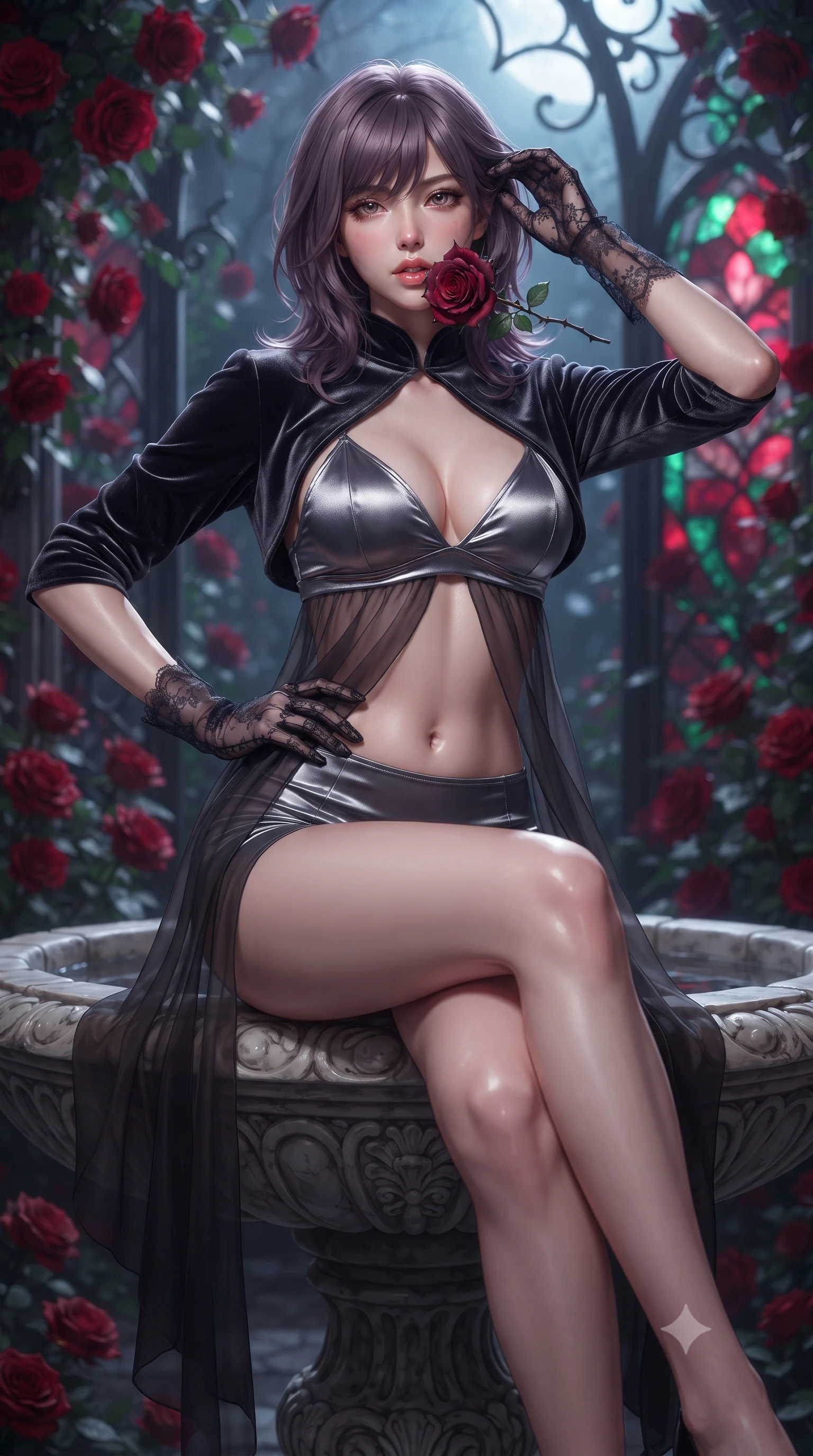 score_9, masterpiece, best quality, ultra-detailed, high-budget anime keyframe, editorial fashion photography, tasteful artistic composition, Japanese woman. close-up cowboy shot from the waist and thighs up, the character dominates the composition, filling the frame with her large presence. twisting her slender torso in an alluring contrapposto stance, one hand resting on her sculpted hip while her fingers toy with her hair with effortless poise while sitting perched on the carved stone fountain rim with legs crossed, holding a thorny deep-red rose near her parted glossy lips. The background shows a soft-focus cascading clusters of velvety blood-red roses, wrought-iron traceries, and moonlit glass panes blurred into crimson, emerald, and silver bokeh. She has an exceptionally elegant, slender, and willowy female figure with an ultra-slim waist, flat toned midriff, narrow ribcage, and sculpted feminine hips creating an alluring, slim hourglass silhouette without bulk. sharp v-shaped jawline, high-bridge nose, sparkling eyes with hypnotic seductive depth, thick curled eyelashes, glossy parted lips with a natural dewy peach sheen, alluring bedroom-eyes with an enchanting coquettish smile, exuding magnetic siren charisma and sophisticated glamour, flawlessly proportioned anatomical accuracy, strict slender model proportions, natural body alignment, perfectly sculpted long slender limbs, ultra-slim waistline, clean dynamic posture without body distortion. wearing a modern two-piece vampire siren set featuring an open-front velvet bolero and curve-hugging satin hot-pants in molten liquid silver and midnight charcoal with platinum highlights, made of sheer gossamer chiffon that drapes softly against skin with airy translucence, complemented by sheer opera-length lace evening gloves tracing her slender arms, the second-skin tailored fabric adhering flawlessly to her sculpted flat midriff and slender torso, emphasizing her long leg lines and perfectly proportioned willowy build. bathed in pure lunar illumination streaming through glass panes mixed with deep red stained-glass refractions. ultra-reflective glossy finish, specular highlights, rich textural contrasts, high-contrast stereoscopic depth, volumetric dynamic lighting, 2k, ultra detail, master piece, 9:16 ratio