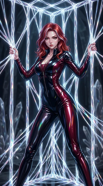 score_9, masterpiece, best quality, ultra-detailed, High-budget Anime Keyframe, East Asian woman. Dynamic full-body shot stretching the vertical silhouette to the limit. Scenario 102: Trapped in a cage of glowing crystalline fibers, body pressing aga