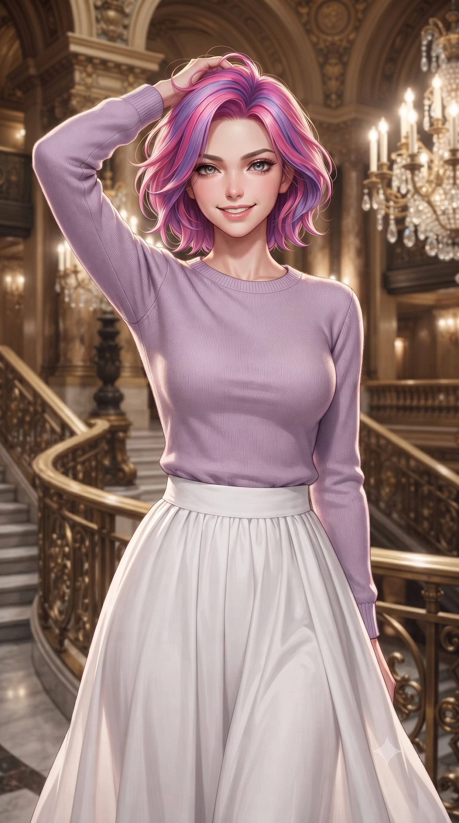 score_9, masterpiece, best quality, ultra-detailed, high-budget anime keyframe, editorial fashion photography, tasteful artistic composition, Caucasian woman. close-up cowboy shot from the waist and thighs up, the character dominates the composition, filling the frame with her large presence, background elements kept in soft focus. smiling with quiet, magnetic self-assurance directly into the camera, running a hand through her hair the background shows a soft-focus the grand staircase lobby of an opera house with brass railings and crystal details. She has an exceptionally elegant, slender, and willowy female figure with an ultra-slim waist, a gracefully sculpted slender torso, and a refined silhouette. sharp v-shaped jawline, high-bridge nose, intricate jewel-like eyes with depth, thick eyelashes, glossy lips with a natural sheen. wearing a slim-fit soft lavender knit sweater paired with a flowy white cotton maxi skirt. soft spotlighting highlighting the silk textures of her gown. ultra-reflective glossy finish, specular highlights, metallic sheen, high-contrast stereoscopic depth, volumetric dynamic lighting, 2k, ultra detail, master piece, 9:16 ratio