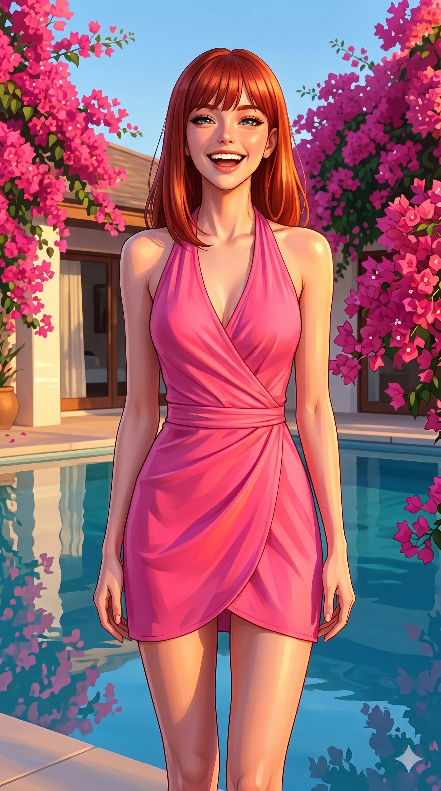 score_9, masterpiece, best quality, ultra-detailed, high-budget anime keyframe, editorial fashion photography, tasteful artistic composition, Caucasian woman, strictly human ears. cowboy shot from the thighs up, character and outfit filling the frame for maximum editorial presence. laughing joyfully, her eyes shining with happy energy, head tilted slightly standing by a pool of a luxury beach villa with pink bougainvillea flowers. She has an absolutely perfect 8-heads proportion, an exceptionally tall and slender female figure with impossibly long slender legs and an ultra-slim waist. V-shaped jawline, high-bridge nose, intricate jewel-like eyes with depth, thick eyelashes, glossy lips with a natural sheen. wearing a vibrant pink wrap dress with a graceful halter neck and bare shoulders. drenched in warm golden hour light that makes the pink flowers and dress glow intensely. 2k, ultra detail, master piece, 9:16 ratio