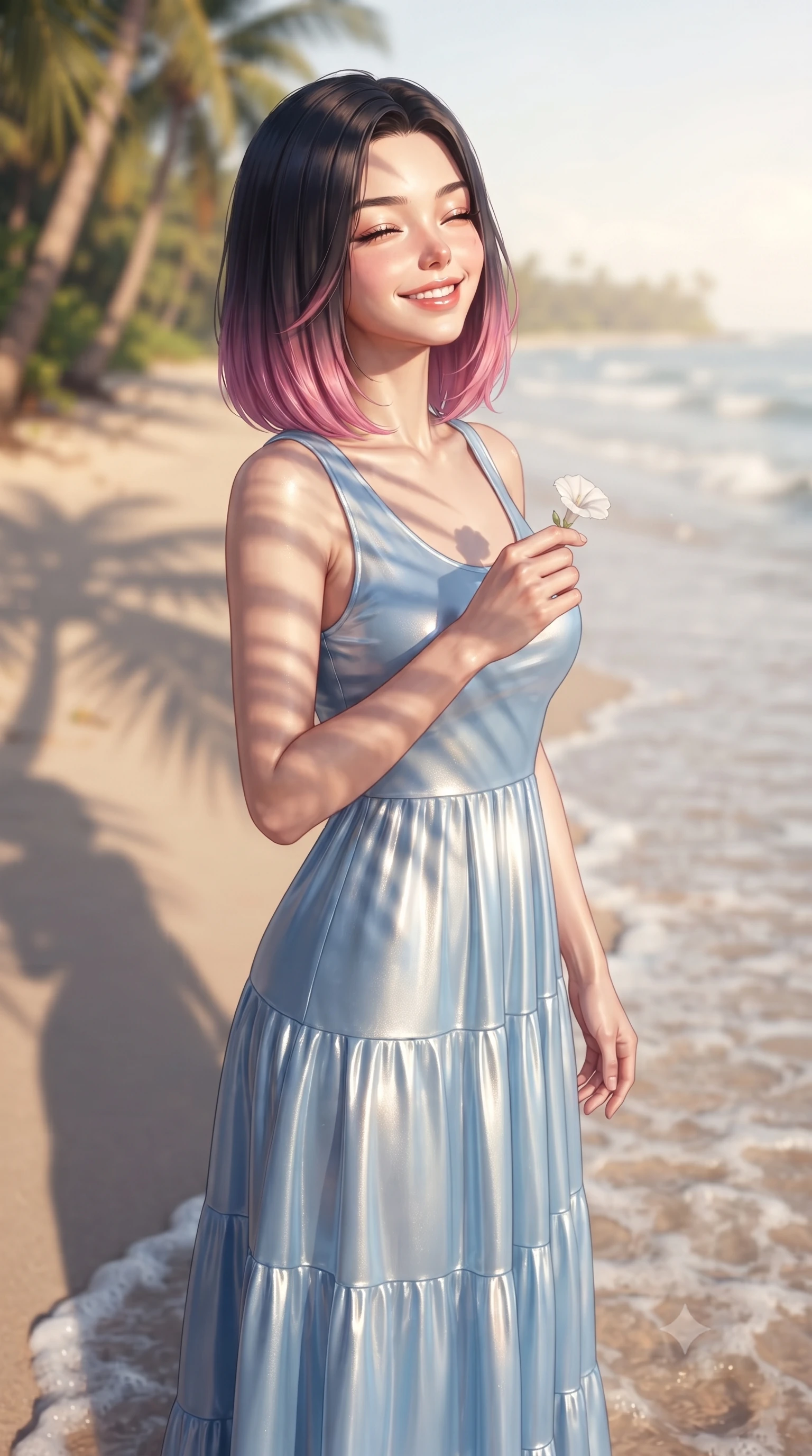 score_9, masterpiece, best quality, ultra-detailed, high-budget anime keyframe, editorial fashion photography, tasteful artistic composition, Korean woman. close-up cowboy shot from the waist and thighs up, the character dominates the composition, filling the frame with her large presence, background elements kept in soft focus. smiling happily with closed eyes, enjoying the warm sunbeams on her face set against a soft-focus background of on a sunny sandy beach with small waves washing over her feet holding a small white flower from a beach vine with a lovely smile. She has an exceptionally elegant, slender, and willowy female figure with an ultra-slim waist, a gracefully sculpted slender torso, and a refined silhouette. sharp v-shaped jawline, high-bridge nose, intricate jewel-like eyes with depth, thick eyelashes, glossy lips with a natural sheen. wearing form-contouring lovely tiered maxi dress in baby blue, featuring a relaxed silhouette. soft late afternoon sunbeams casting long shadows of palm leaves on the sand. ultra-reflective glossy finish, specular highlights, metallic sheen, high-contrast stereoscopic depth, volumetric dynamic lighting, 2k, ultra detail, master piece, 9:16 ratio