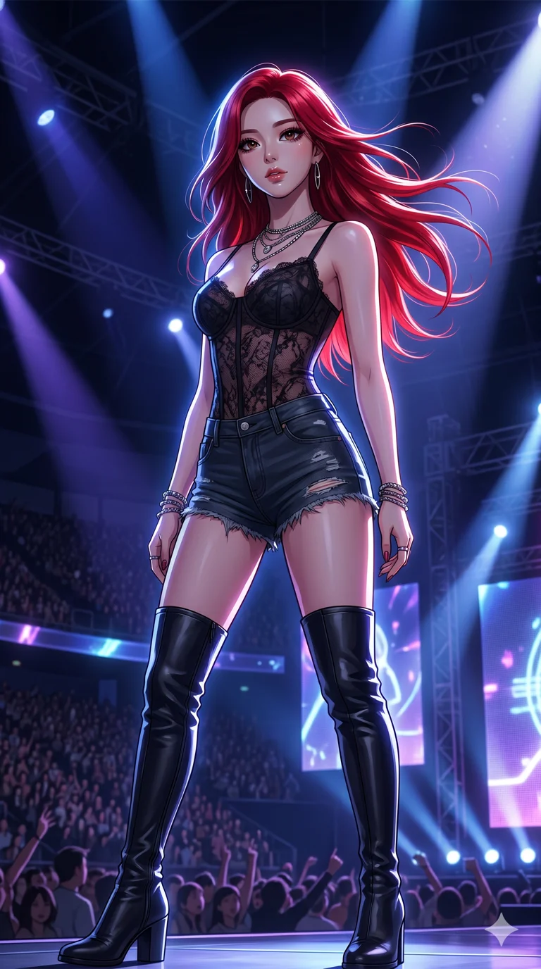score_9, masterpiece, best quality, ultra-detailed, semi-realistic high-budget anime keyframe, an incredibly beautiful Korean woman. Low angle cowboy shot filling the frame. She has an absolutely perfect 8-heads proportion, an exceptionally tall female figure with a slim-fit toned body. Her face is a highly detailed masterpiece featuring a v-shaped jawline, high-bridge nose, intricate jewel-like eyes, thick eyelashes, and glossy lips. She has vibrant red flowing hair. She is wearing a form-fitting sheer lace corset top and short denim hotpants, thigh-high boots, highlighting her alluring silhouette. Glittering pop-star stadium, dramatic spotlighting, dramatic rim lighting, cinematic shadows, 2k, ultra detail, master piece, 9:16 ratio