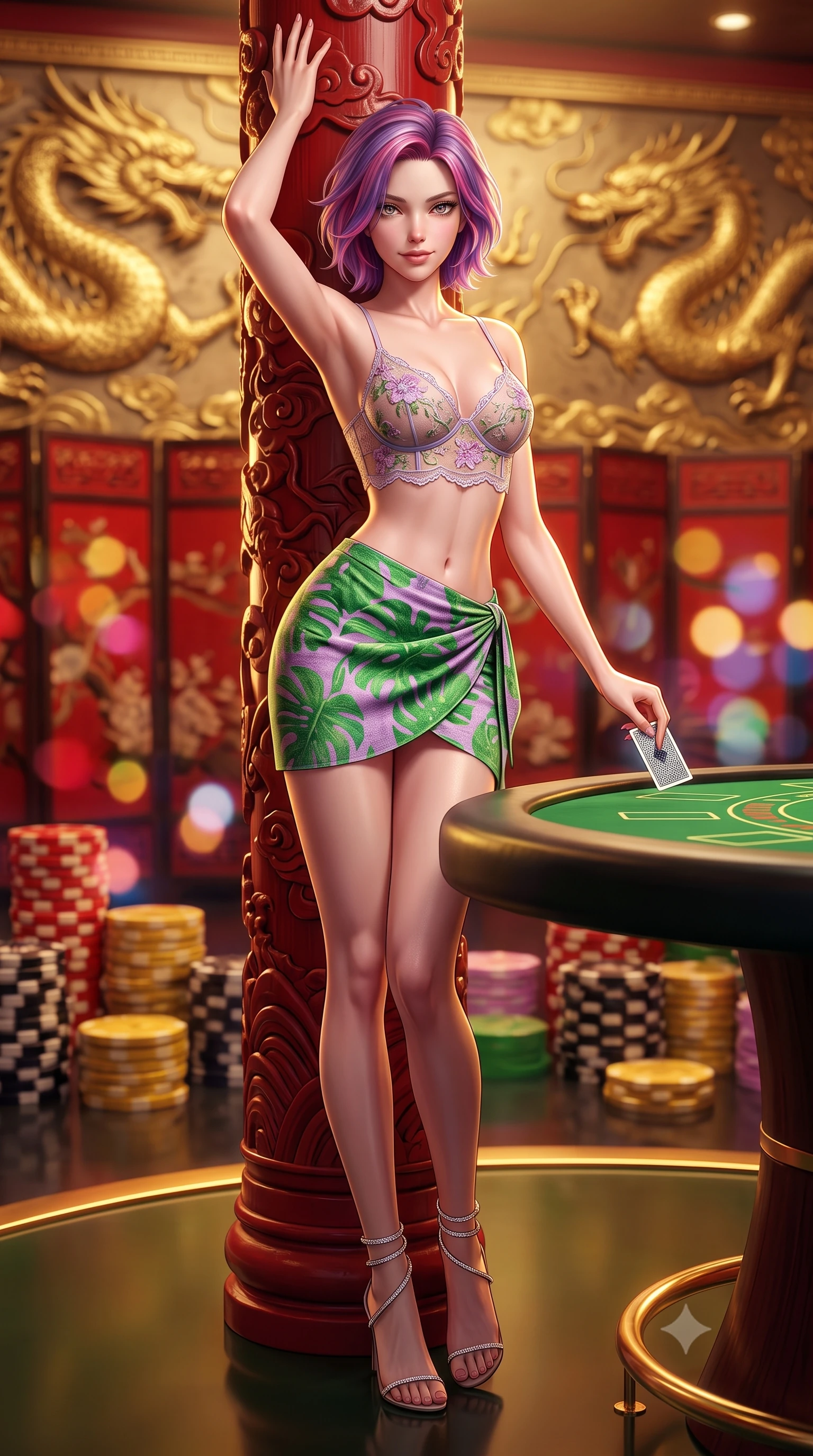 score_9, masterpiece, best quality, ultra-detailed, high-budget anime keyframe, semi-realistic 3D game render, editorial fashion photography, tasteful artistic composition, Caucasian woman. low angle full-body shot from head to toe showing her feet, filling the entire 9:16 vertical frame with her statuesque presence, stretching her vertical silhouette. standing tall beside the architectural column, one hand resting high while arching her lower back to emphasize her sculpted feminine hips and slender waist while sitting at the green baize baccarat table with hips angled back, slowly squeezing a high-value playing card with smoldering bedroom-eyes. The background shows a soft-focus colossal embossed gold-leaf dragon murals, red lacquered screens, and stacks of thousand-dollar gaming plaques blurred into vermilion, gold, and obsidian bokeh. She has an absolutely perfect, statuesque 8.5-heads proportion, an exceptionally tall and slender model-like female figure with impossibly long slender legs, an ultra-slim waist, a flat toned midriff, narrow delicate ribcage, and beautifully sculpted feminine hips creating a graceful, slim hourglass silhouette without any bulky heaviness. sharp v-shaped jawline, high-bridge nose, sparkling eyes with hypnotic seductive depth, thick curled eyelashes, glossy parted lips with a natural dewy peach sheen, alluring bedroom-eyes with an enchanting coquettish smile, exuding magnetic siren charisma and sophisticated glamour, flawlessly proportioned anatomical accuracy, strict slender model proportions, natural body alignment, perfectly sculpted long slender limbs, ultra-slim waistline, clean dynamic posture without body distortion. wearing a delicate sheer floral embroidered lace bralette with scalloped hems paired with an ultra-short draped linen wrap mini skirt in vibrant jungle monstera green and dewy orchid lavender, tailored from fine breathable linen with soft natural texture and elegant drape, complemented by strappy stiletto sandals with crystal ankle wraps accentuating her slender calves, the second-skin tailored fabric adhering flawlessly to her sculpted flat midriff and slender torso, emphasizing her long leg lines and perfectly proportioned willowy build. illuminated by polished table lacquer bounce and sharp warm-gold rim lights sculpting her jawline, flat midriff, and voluptuous hip curves. highly saturated vibrant anime colors, detailed shading with soft gradients, rich glossy textures, high-contrast stereoscopic depth, volumetric dynamic lighting, master piece, 9:16 ratio