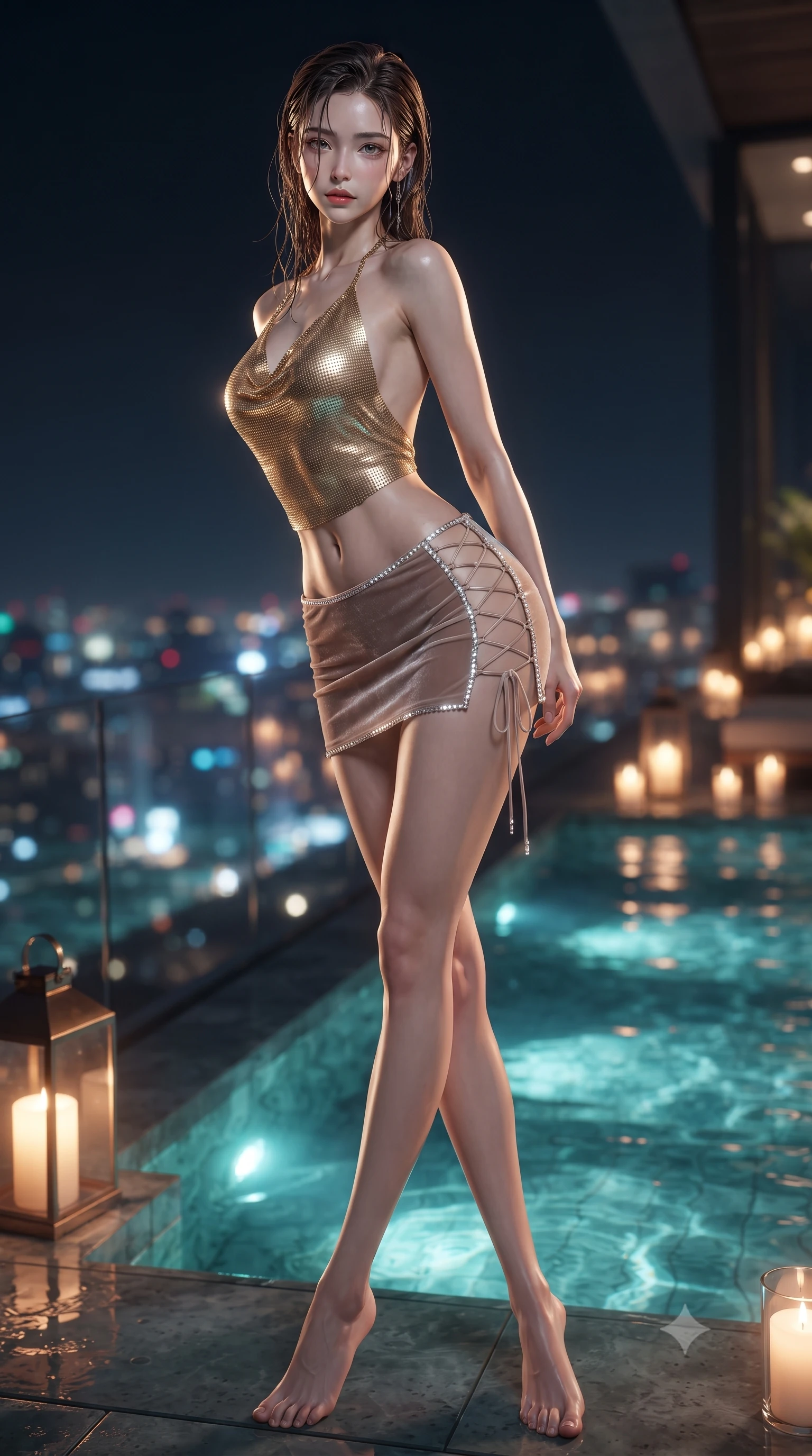score_9, masterpiece, best quality, ultra-detailed, high-budget anime keyframe, editorial fashion photography, tasteful artistic composition, Korean woman. low angle full-body shot from head to toe showing her feet, filling the entire 9:16 vertical frame with her statuesque presence, stretching her vertical silhouette. lounging on the lavish poolside daybed with legs crossed and hips angled toward the camera, displaying her toned midriff and long slender limbs with effortless siren poise while standing perched at the edge of the glass infinity pool high above the neon city, arching her back with breathless siren glamour and glancing back over a bare shoulder. The background shows a soft-focus floating votive candles and gentle water ripples softened in sultry midnight penthouse shallow focus. She has an absolutely perfect, statuesque 8.5-heads proportion, an exceptionally tall and slender model-like female figure with impossibly long slender legs, an ultra-slim waist, a flat toned midriff, narrow delicate ribcage, and beautifully sculpted feminine hips creating a graceful, slim hourglass silhouette without any bulky heaviness. sharp v-shaped jawline, high-bridge nose, sparkling eyes with hypnotic seductive depth, thick curled eyelashes, glossy parted lips with a natural dewy peach sheen, alluring bedroom-eyes with an enchanting coquettish smile, exuding magnetic siren charisma and sophisticated high-fashion glamour, flawlessly proportioned anatomical accuracy, strict slender model proportions, natural body alignment, perfectly sculpted long slender limbs, ultra-slim waistline, clean dynamic posture without body distortion. wearing a liquid gold chainmail halter cowl top paired with an ultra-low-rise velvet mini skirt in sheer dusky champagne and glistening crystal trims, crafted from fluid liquid silk satin that clings smoothly to every curve with a dewy sheen, featuring fine criss-cross lace-up side ties revealing tantalizing glimpses of her hip curve, the high-slit wrap tailoring accentuating her ultra-slim waistline and the enchanting curve of her feminine hips with alluring seductive charm. bathed in luminous turquoise underwater pool illumination paired with warm amber lantern glow. ultra-reflective glossy finish, specular highlights, rich textural contrasts, high-contrast stereoscopic depth, volumetric dynamic lighting, 2k, ultra detail, master piece, 9:16 ratio
