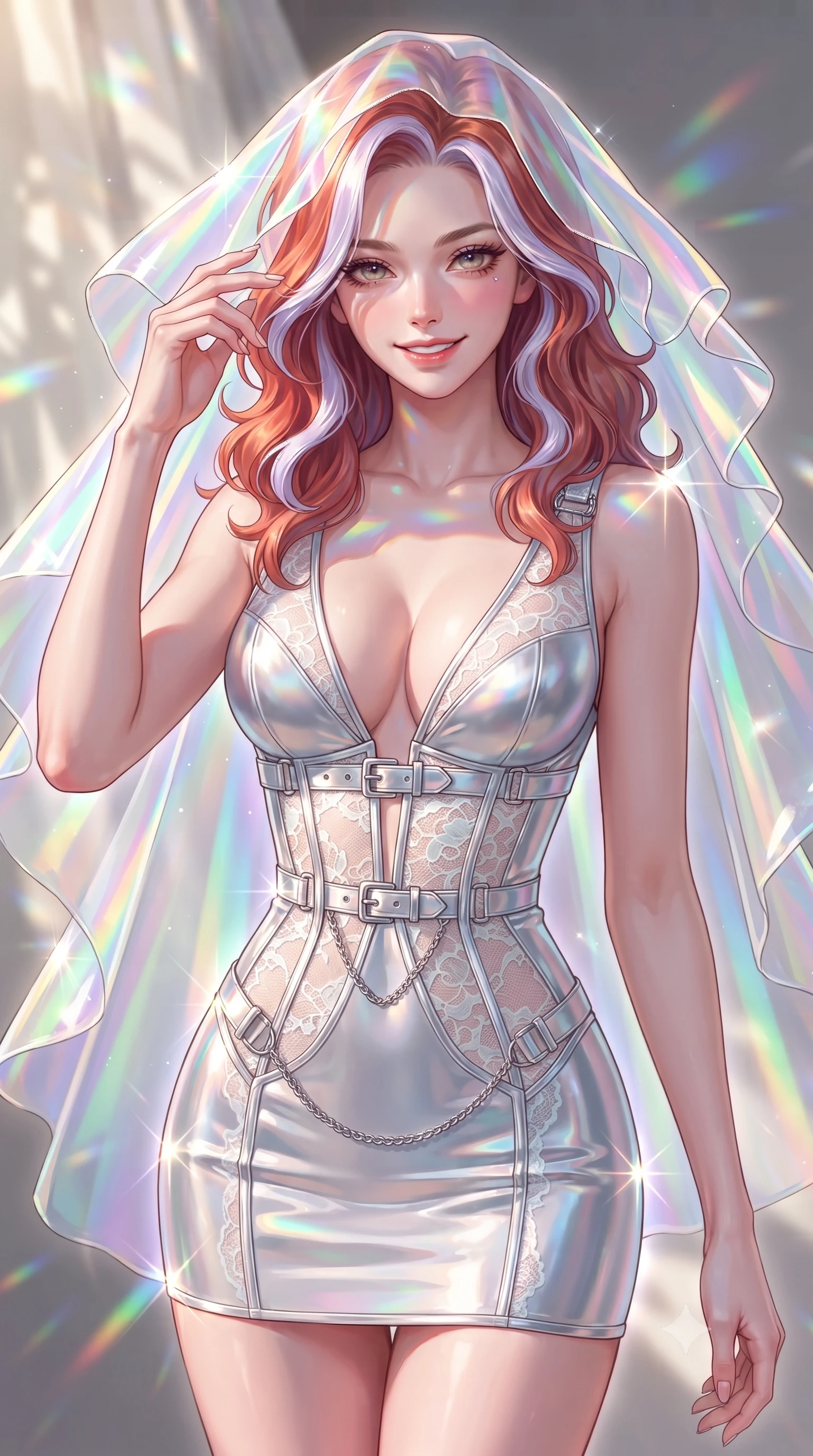score_9, masterpiece, best quality, ultra-detailed, high-budget anime keyframe, editorial fashion photography, tasteful artistic composition, Caucasian woman. close-up cowboy shot from the waist and thighs up, the character dominates the composition, filling the frame with her large presence, background elements kept in soft focus. Smiling with quiet, magnetic self-assurance directly into the camera, touching a holographic silk veil that refracts daylight into brilliant pastel spectrums, soft sunlight filtering through organza layers casting pastel color shadows. She has an exceptionally elegant, slender, and willowy female figure with an ultra-slim waist, a gracefully sculpted slender torso, and a refined silhouette. sharp v-shaped jawline, high-bridge nose, intricate jewel-like eyes with depth, thick eyelashes, glossy lips with a natural sheen. wearing deep V-neck corset bodice mini dress with sheer white lace panels in pale opal seafoam, made of sculpted platinum chrome, framed by polished silver buckles and delicate chain details, accentuating her gracefully sculpted slender torso. surrounded by a glowing iridescent aura with sharp specular glints. highly saturated vibrant anime colors, detailed shading with soft gradients, rich glossy textures, high-contrast stereoscopic depth, volumetric dynamic lighting, master piece, 9:16 ratio
