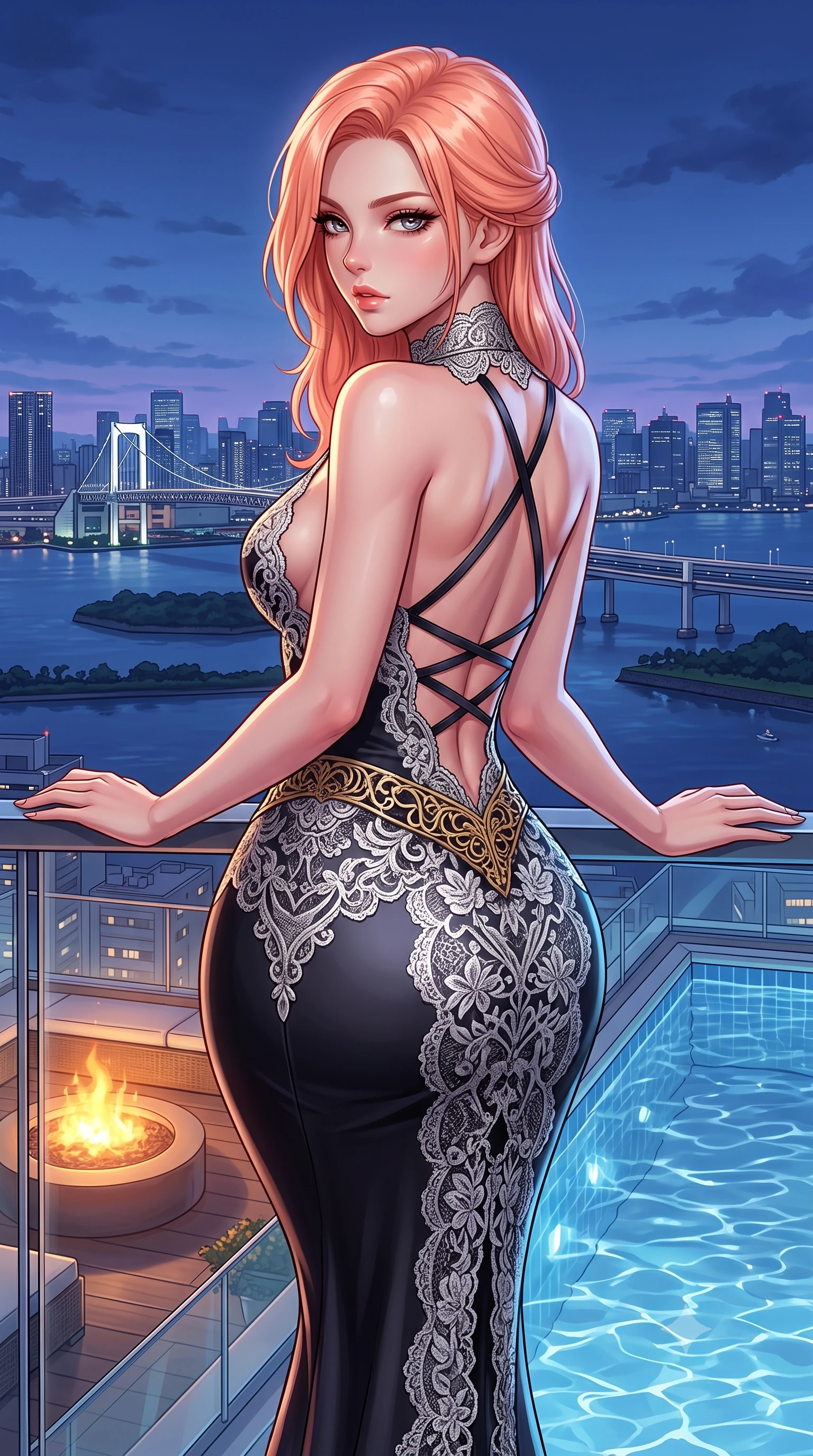 score_9, masterpiece, best quality, ultra-detailed, high-budget anime keyframe, semi-realistic 3D game render, editorial fashion photography, tasteful artistic composition, Japanese woman. close-up cowboy shot from the waist and thighs up, the character dominates the composition, filling the frame with her large presence. twisting her slender torso in a deep contrapposto stance, hips dramatically shifted to accentuate her feminine curves while looking past her shoulder with smoldering bedroom-eyes while resting both hands on the low glass railing with lower back arched, casting an alluring over-the-shoulder bedroom-glance toward the camera. The surrounding environment is rendered in vivid detail and crisp panoramic clarity. detailed skyscraper skyline panoramas, distant suspension bridges, and pool water ripples in high resolution. She has an exceptionally elegant, slender, and willowy female figure with an ultra-slim waist, a gracefully sculpted slender torso, toned flat midriff, and rounded feminine hips creating an alluring hourglass silhouette. sharp v-shaped jawline, high-bridge nose, intricate jewel-like eyes with depth, thick eyelashes, glossy parted lips with a natural sheen, intensely captivating and seductive bedroom-eyes expression, flawlessly proportioned anatomical accuracy, strict slender model proportions, natural body alignment, perfectly sculpted long slender limbs, ultra-slim waistline, clean dynamic posture without body distortion. wearing a sleek obsidian column dress with gold filigree hip cincher and plunging backline in shimmering silver mercury and pearl white, formed from shimmering floral lace over smooth opaque silk lining, featuring an open-back criss-cross satin lacing highlighting her graceful shoulder blades, the form-contouring material adhering flawlessly to her sculpted flat midriff and slender torso, emphasizing her long leg lines and perfectly proportioned willowy build. bathed in twilight indigo sky tones and warm amber rooftop fire pit glow. highly saturated vibrant anime colors, detailed shading with soft gradients, rich glossy textures, high-contrast stereoscopic depth, volumetric dynamic lighting, master piece, 9:16 ratio