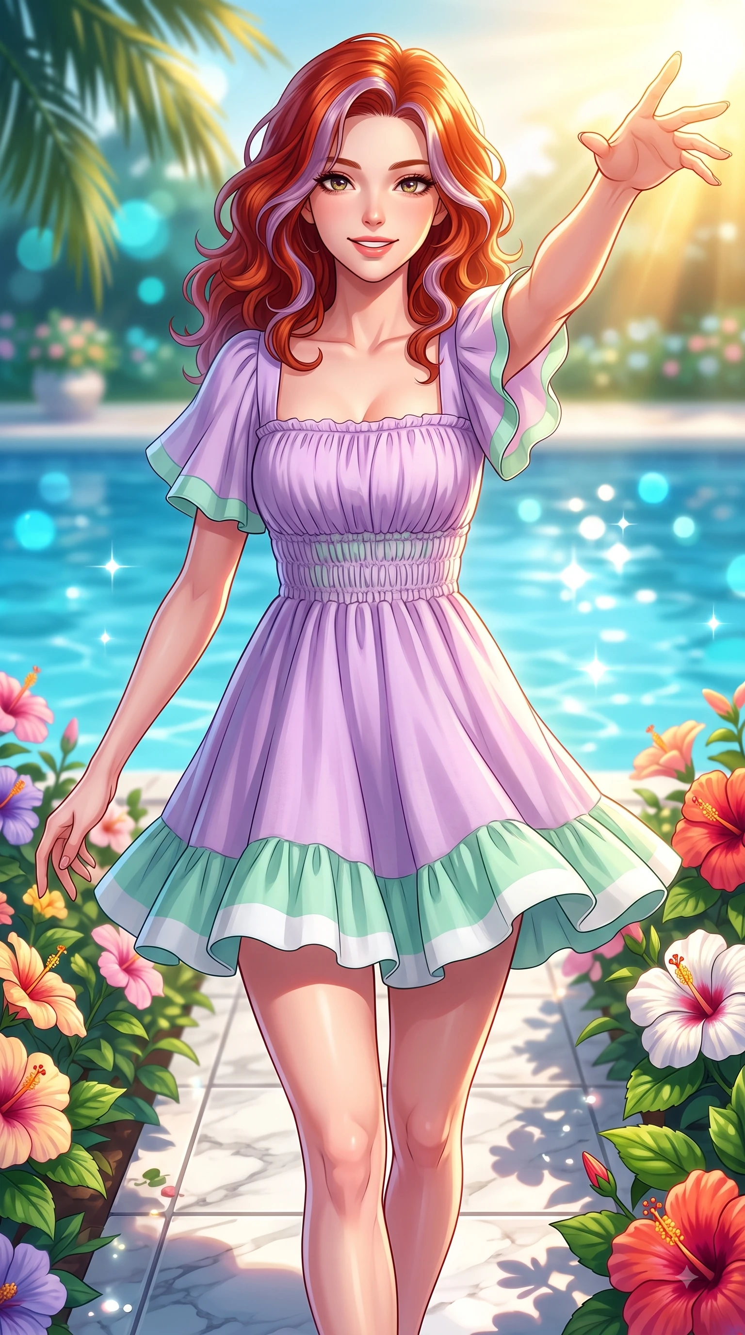 score_9, masterpiece, best quality, ultra-detailed, high-budget anime keyframe, editorial fashion photography, tasteful artistic composition, Caucasian woman. close-up cowboy shot from the waist and thighs up, the character dominates the composition, filling the frame with her large presence. Extending one arm in an elegant stretch toward the light while smiling with vibrant, youthful self-assurance while stepping onto a marble garden walkway surrounded by blooming hibiscus flowers and clear blue water. The composition keeps background elements in soft focus with dreamy bokeh. sparkling pool water and palm fronds blurred into crisp, dreamy turquoise background bokeh. She has an exceptionally elegant, slender, and willowy female figure with an ultra-slim waist, a gracefully sculpted slender torso, and a refined silhouette. sharp v-shaped jawline, high-bridge nose, intricate jewel-like eyes with depth, thick eyelashes, glossy lips with a natural sheen, flawlessly proportioned anatomical accuracy, natural body alignment, perfectly sculpted elegant limbs, clean dynamic posture without body distortion. wearing a romantic lilac square-neck sundress with soft smocked bodice and fluttery hem in refreshing mint green and crisp white, crafted from soft breathable linen, featuring elegant flutter sleeves and a graceful square neckline, the chic real-way fashion cut emphasizing her effortless charm. illuminated by warm golden afternoon sunbursts casting crisp highlights. highly saturated vibrant anime colors, detailed shading with soft gradients, rich glossy textures, high-contrast stereoscopic depth, volumetric dynamic lighting, master piece, 9:16 ratio