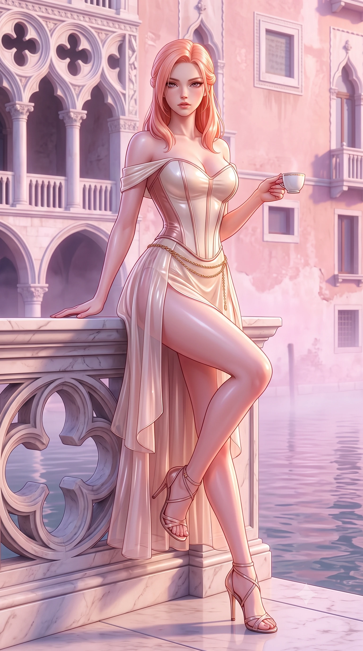 score_9, masterpiece, best quality, ultra-detailed, high-budget anime keyframe, semi-realistic 3D game render, editorial fashion photography, tasteful artistic composition, Japanese woman. low angle full-body shot from head to toe showing her feet, filling the entire 9:16 vertical frame with her statuesque presence, stretching her vertical silhouette. striding forward in a proud supermodel runway stride, hips swaying in an alluring kinetic rhythm that accentuates her curvy hourglass silhouette while perching on the marble terrace parapet with legs crossed, arching her lower back while holding a delicate porcelain cup of espresso. The surrounding environment is rendered in vivid detail and crisp panoramic clarity. sharp carved gothic cloverleaf stonework, canal water surface tension, and palazzo stucco texture in deep focus. She has an exceptionally tall and slender model-like 8.5-heads proportion, an ultra-slim waist, a flat toned midriff, narrow delicate ribcage, and beautifully sculpted feminine hips creating a graceful, slim hourglass silhouette without any bulky heaviness, with impossibly long slender legs. sharp v-shaped jawline, high-bridge nose, intricate jewel-like eyes with depth, thick eyelashes, glossy parted lips with a natural sheen, intensely captivating and seductive bedroom-eyes expression, flawlessly proportioned anatomical accuracy, strict slender model proportions, natural body alignment, perfectly sculpted long slender limbs, ultra-slim waistline, clean dynamic posture without body distortion. wearing an off-shoulder French court corset bodice dress paired with a tiered translucent chiffon slit skirt in vintage champagne ivory and delicate rose gold, tailored from second-skin aerodynamic stretch vinyl with specular wet sheen, accented with a delicate gold chain belt resting loosely on her curvy hips, the precision-cut side openings and low-back scoop framing her graceful spine and the sensual sweep of her slim, toned hips. bathed in luminous pastel dawn pink and violet light reflecting off misty canal waters. highly saturated vibrant anime colors, detailed shading with soft gradients, rich glossy textures, high-contrast stereoscopic depth, volumetric dynamic lighting, master piece, 9:16 ratio