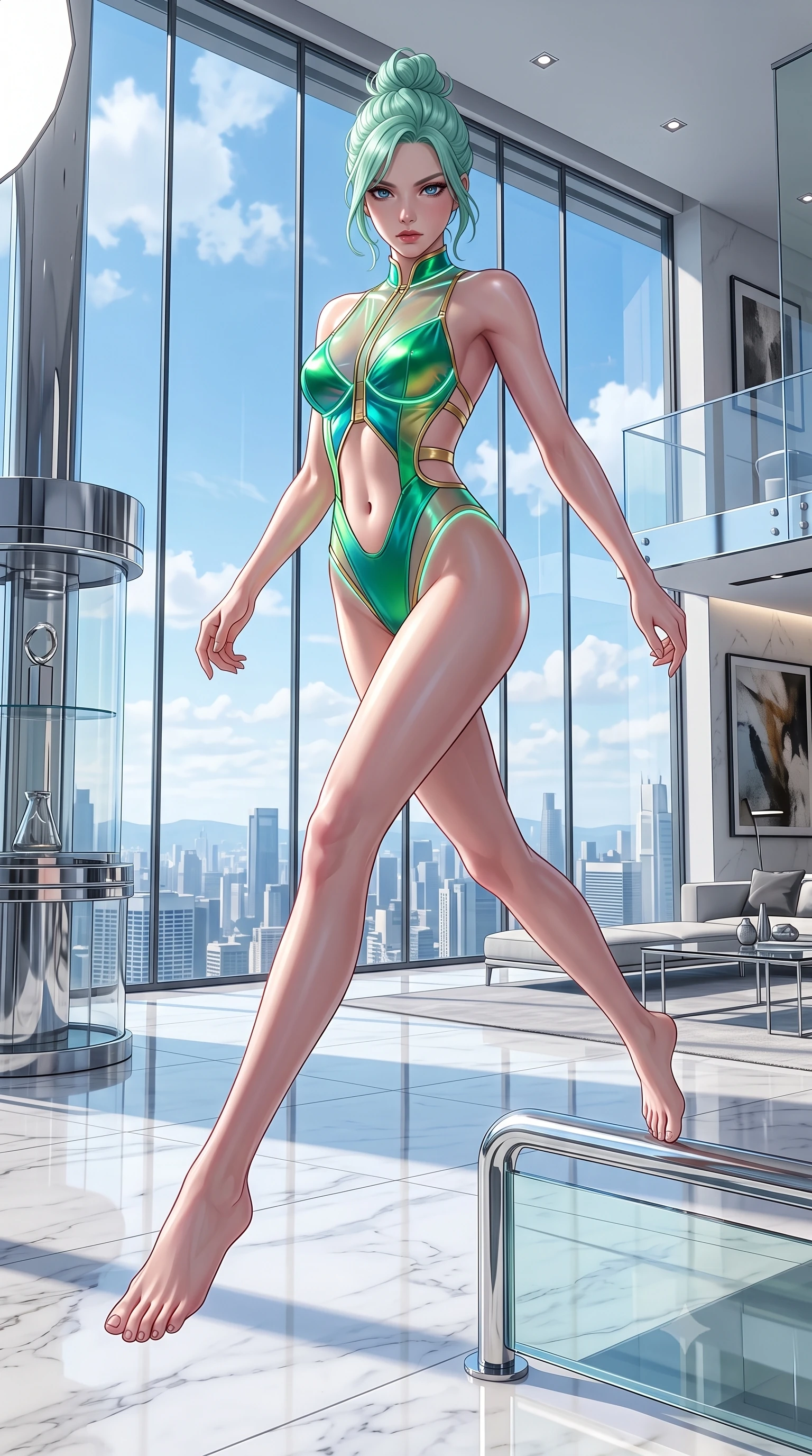 score_9, masterpiece, best quality, ultra-detailed, high-budget anime keyframe, semi-realistic 3D game render, editorial fashion photography, tasteful artistic composition, Japanese woman. low angle full-body shot from head to toe showing her feet, filling the entire 9:16 vertical frame with her statuesque presence, stretching her vertical silhouette. performing an alluring mid-air vault with flawless poise, looking directly into the camera with smoldering intensity while striding gracefully across a polished white marble penthouse floor under soaring floor-to-ceiling glass windows. The surrounding environment is rendered in vivid detail and crisp panoramic clarity. intricate city skyline details, clear daylight sky clouds, and modern luxury interior design in high clarity. She has an absolutely perfect, statuesque 8.5-heads proportion, an exceptionally tall and slender model-like female figure with impossibly long slender legs, a toned flat midriff, and an ultra-slim waist. sharp v-shaped jawline, high-bridge nose, intricate jewel-like eyes with depth, thick eyelashes, glossy lips with a natural sheen, flawlessly proportioned anatomical accuracy, strict slender model proportions, natural body alignment, perfectly sculpted long slender limbs, ultra-slim waistline, clean dynamic posture without body distortion. wearing a high-cut translucent vinyl leotard with front paneling, exposed side-rib cutouts, and an open back in bright emerald green satin and gold hardware, made of smooth iridescent silk chiffon that shifts colors with movement, accented with glowing fiber-optic seams tracing her collarbones and hip curves, the sleek second-skin cut tightly hugging her graceful clavicle, narrow waist, and feminine curves with athletic precision. illuminated by crisp white studio key light with specular chrome and marble reflections. highly saturated vibrant anime colors, detailed shading with soft gradients, rich glossy textures, high-contrast stereoscopic depth, volumetric dynamic lighting, master piece, 9:16 ratio