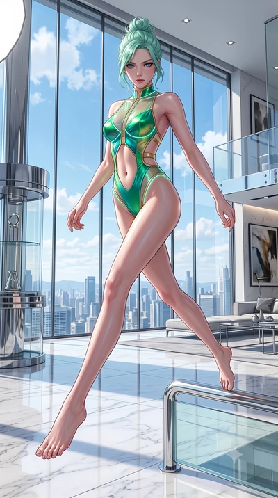 score_9, masterpiece, best quality, ultra-detailed, high-budget anime keyframe, semi-realistic 3D game render, editorial fashion photography, tasteful artistic composition, Japanese woman. low angle full-body shot from head to toe showing her feet, f