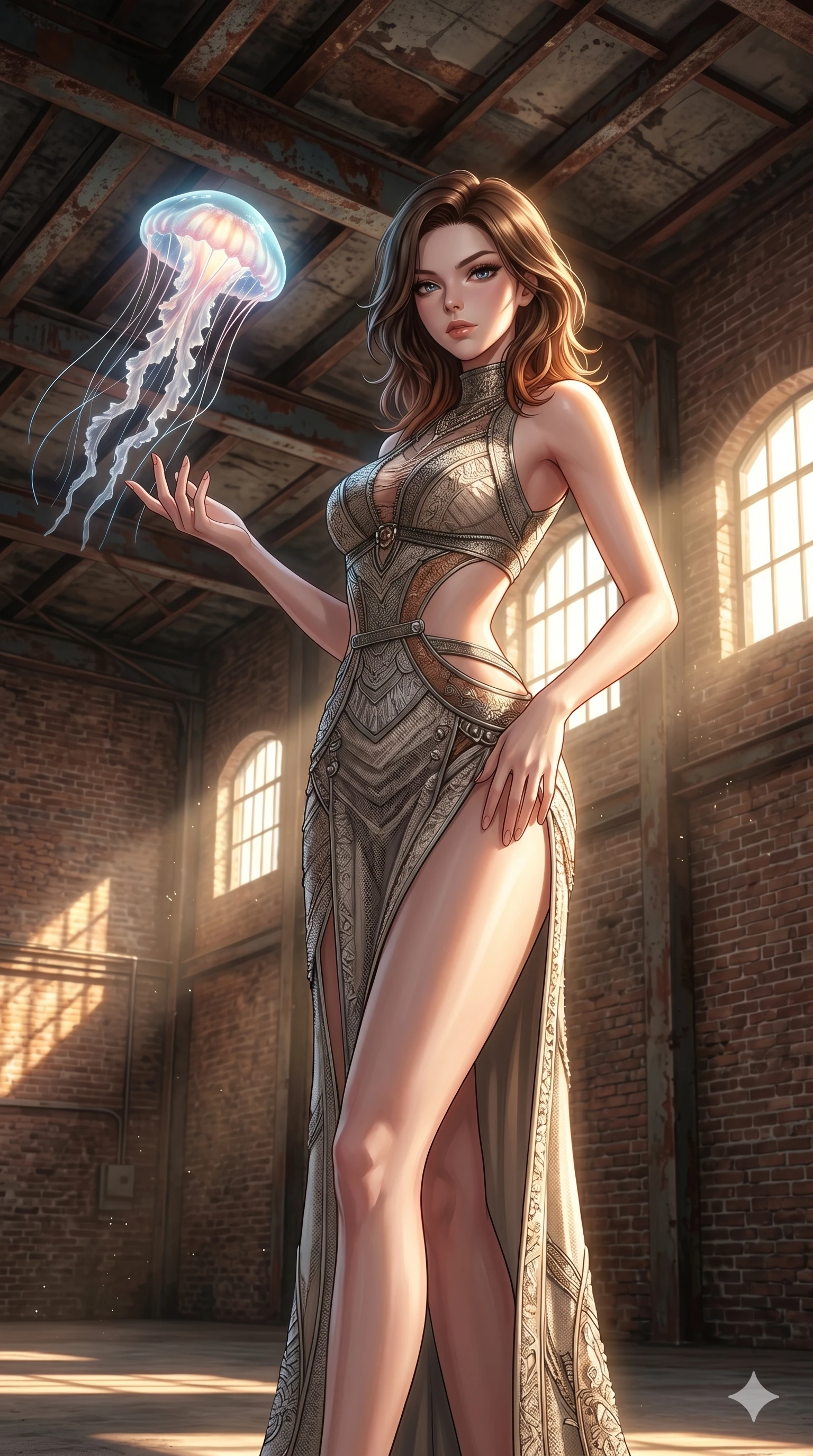 score_9, masterpiece, best quality, ultra-detailed, high-budget anime keyframe, editorial fashion photography, tasteful artistic composition, Korean woman. cowboy shot from the thighs up, character and outfit filling the frame for maximum editorial presence. reaching a hand toward a floating jellyfish, looking at the camera inside an industrial brick warehouse with exposed steel ceiling beams (Code-P18-134). She has an absolutely perfect 8-heads proportion, an exceptionally tall and slender female figure with impossibly long slender legs and an ultra-slim waist. V-shaped jawline, high-bridge nose, intricate jewel-like eyes with depth, thick eyelashes, glossy lips with a natural sheen. wearing a bodycon dress with high-slit and exposed waist. drenched in brilliant afternoon sunshine, highlighting her sleek silhouette and smooth skin. 2k, ultra detail, master piece, 9:16 ratio