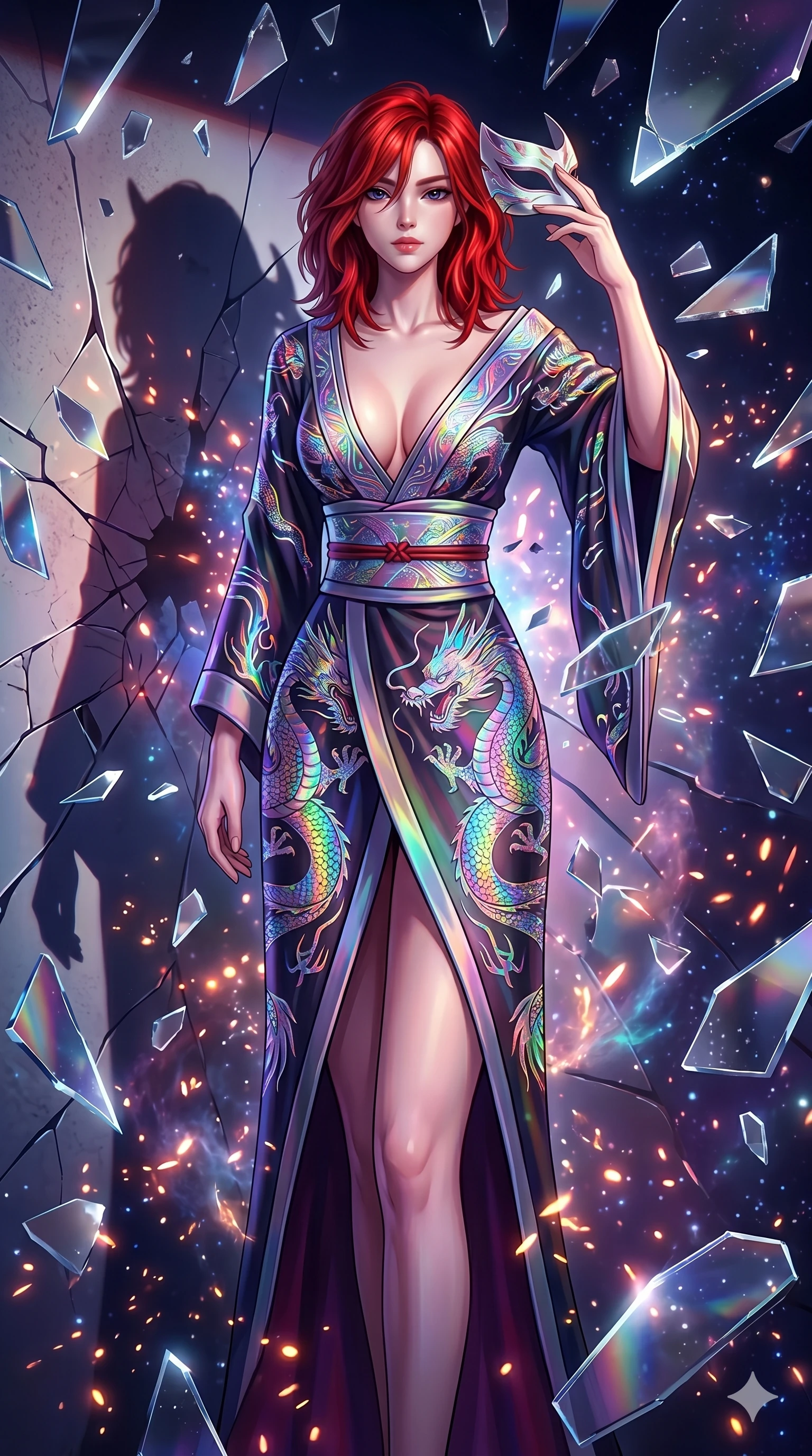 score_9, masterpiece, best quality, ultra-detailed, Set A: High-budget Anime Keyframe, Japanese woman. Low angle cowboy shot filling the entire 9:16 frame with her statuesque presence. Adjusting a mask through a dimension of floating mirrors, while her shadow mimics the movements of a predator 285 and surrounded by glowing energy sparks. She has an absolutely perfect 8-heads proportion, an exceptionally tall and slender female figure with impossibly long slender legs and an ultra-slim waist. Sharp v-shaped jawline, high-bridge nose, intricate jewel-like eyes with depth, thick eyelashes, glossy lips with a natural sheen. Wearing Traditional fusion robe with a deep V-cut and holographic dragon embroidery. Cinematic lighting, vibrant colors, dramatic shadows, 2k, ultra detail, master piece, 9:16 ratio