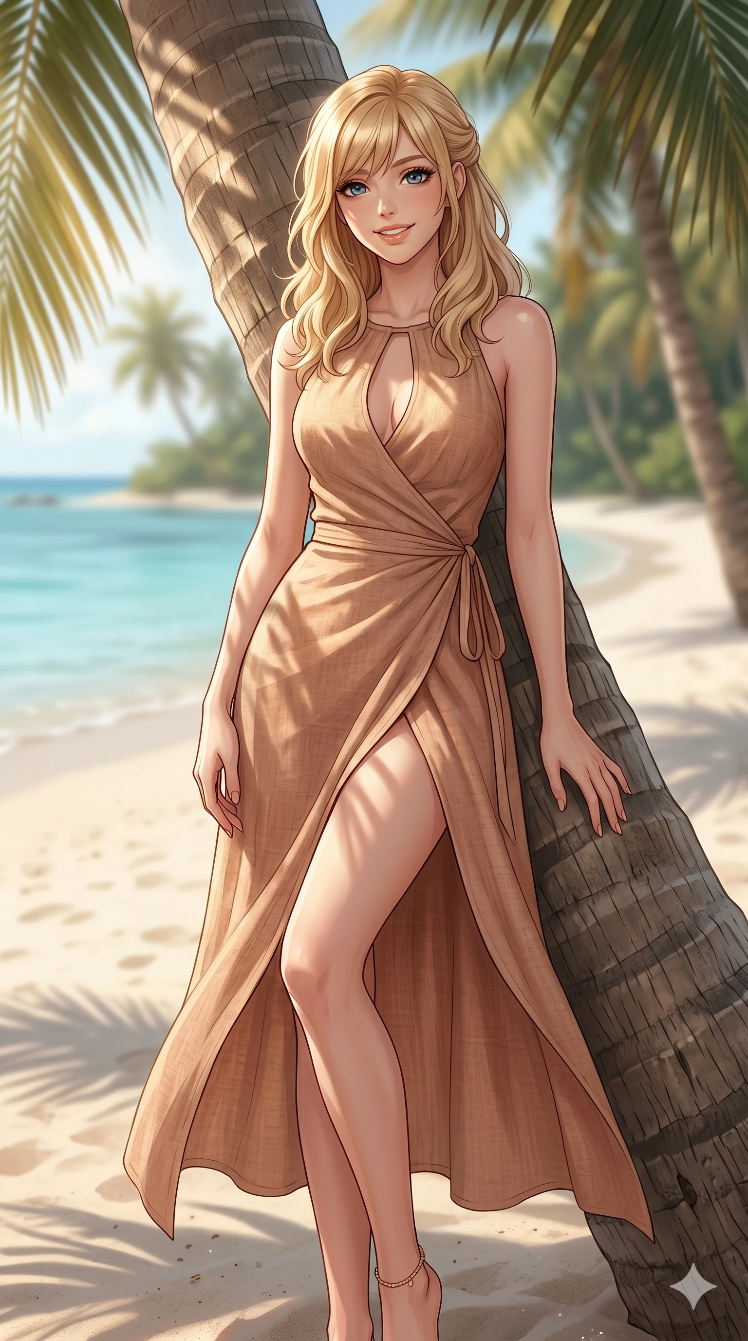 score_9, masterpiece, best quality, ultra-detailed, high-budget anime keyframe, editorial fashion photography, tasteful artistic composition, Caucasian woman, strictly human ears. cowboy shot from the thighs up, character and outfit filling the frame for maximum editorial presence. smiling warmly with a relaxed and peaceful gaze, looking directly at the camera leaning against a palm tree trunk on a quiet private beach. She has an absolutely perfect 8-heads proportion, an exceptionally tall and slender female figure with impossibly long slender legs and an ultra-slim waist. V-shaped jawline, high-bridge nose, intricate jewel-like eyes with depth, thick eyelashes, glossy lips with a natural sheen. wearing a lightweight linen wrap dress with a tasteful keyhole cutout and high side slit. bathed in warm morning sunlight filtering through the palm fronds, casting soft shadows. 2k, ultra detail, master piece, 9:16 ratio