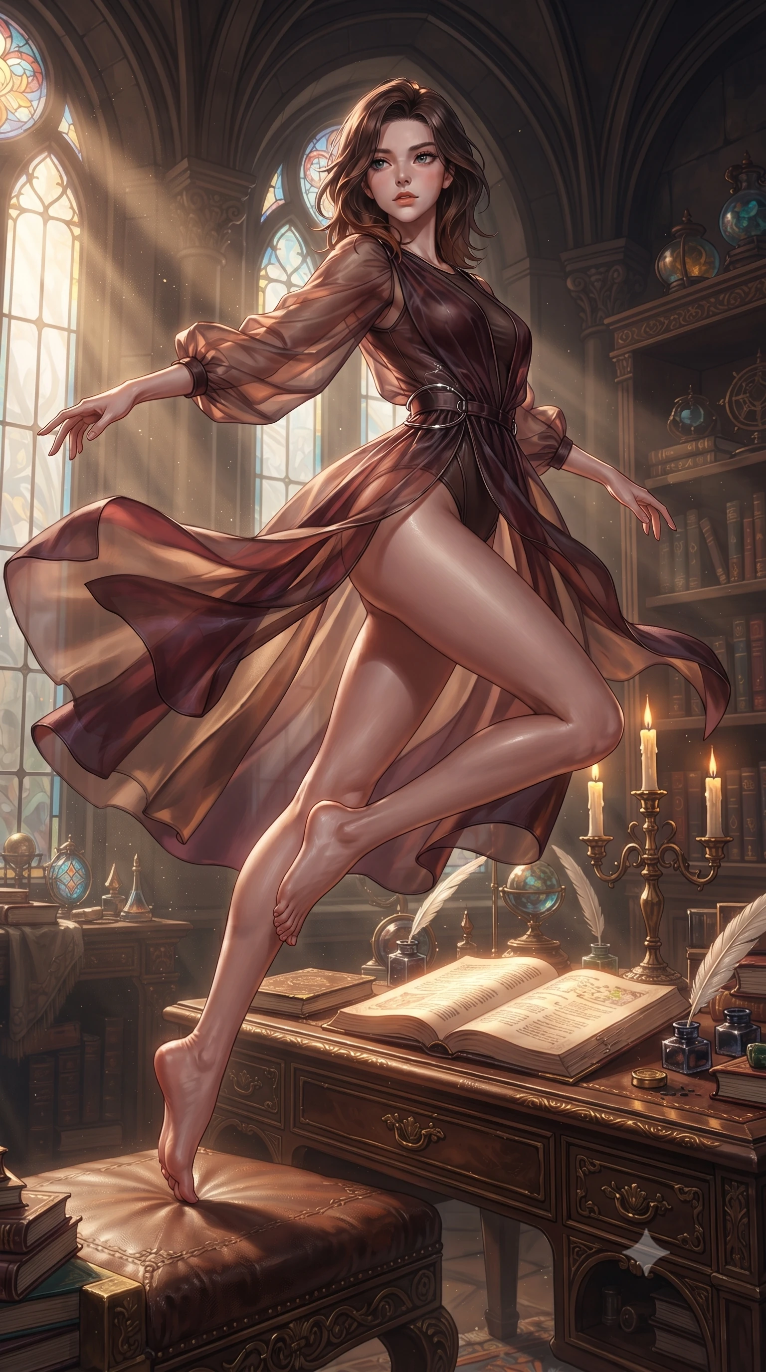score_9, masterpiece, best quality, ultra-detailed, high-budget anime keyframe, editorial fashion photography, tasteful artistic composition, Korean woman. low angle full-body shot from head to toe showing her feet, filling the entire 9:16 vertical frame with her statuesque presence, stretching her vertical silhouette. leaping gracefully through the environment with statuesque elegance and long slender legs resting against an ornate leather reading desk amidst glowing spell folios, sunbeams filtering through tall arched windows casting dusty golden rays. She has an absolutely perfect, statuesque 8.5-heads proportion, an exceptionally tall and slender model-like female figure with impossibly long slender legs and an ultra-slim waist. sharp v-shaped jawline, high-bridge nose, intricate jewel-like eyes with depth, thick eyelashes, glossy lips with a natural sheen. wearing a semi-opaque sheer overlay dress over a leather micro-bodysuit in deep burgundy and bronze, crafted from lustrous satin jersey with fluid draping, accented with delicate chrome ring hardware framing her waist, the sleek second-skin texture accentuating her magnetic presence. illuminated by rich amber candlelight and majestic stained glass highlights. ultra-reflective glossy finish, specular highlights, metallic sheen, high-contrast stereoscopic depth, volumetric dynamic lighting, 2k, ultra detail, master piece, 9:16 ratio