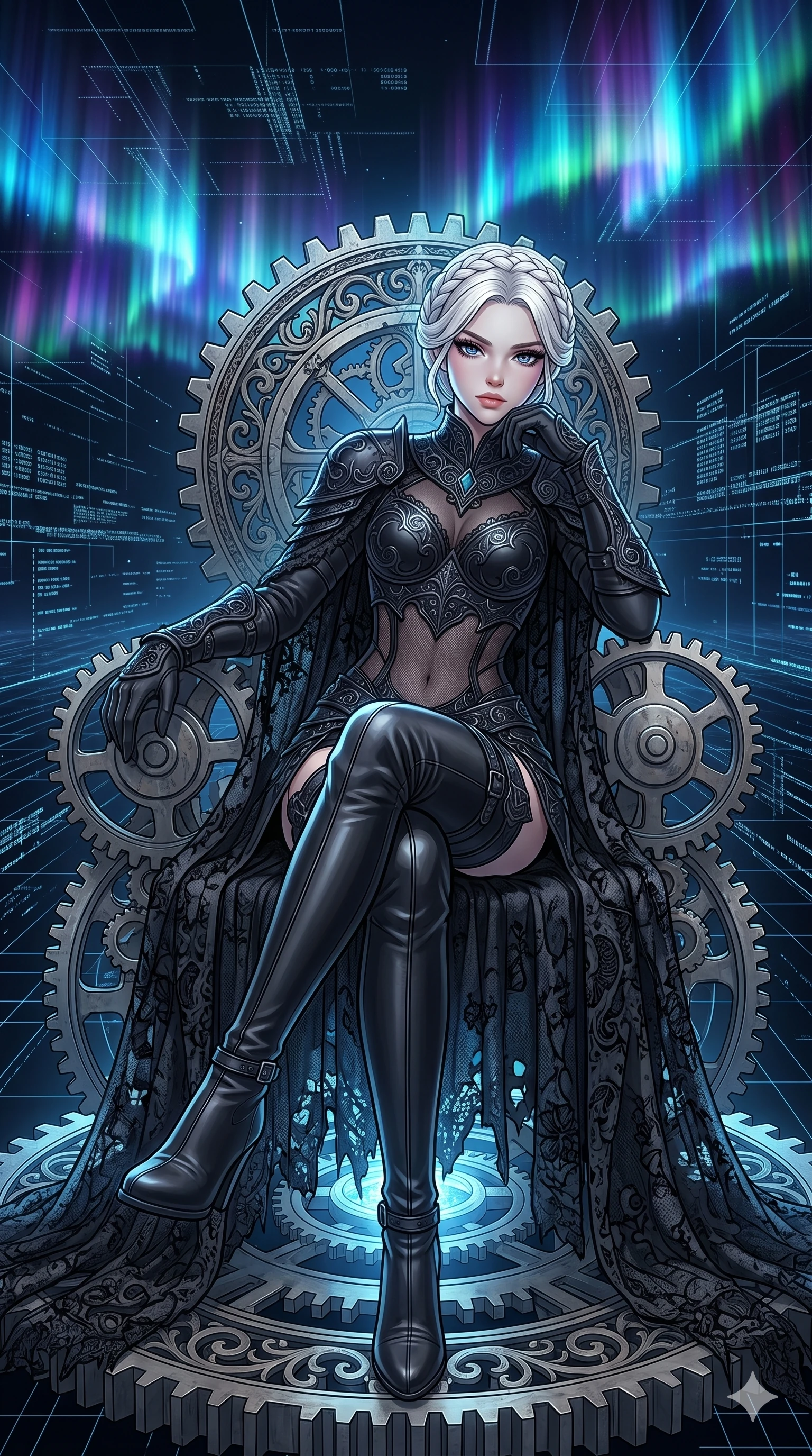 score_9, masterpiece, best quality, ultra-detailed, high-budget anime movie keyframe, cinematic anime lighting, intricate line art, Caucasian (strictly human ears) woman. Low angle cowboy shot filling the entire 9:16 frame with her statuesque presence. resting on a throne of gears in a minimalist digital void amidst aurora borealis. She has an absolutely perfect 8-heads proportion, an exceptionally tall and slender female figure with an ultra-slim waist and impossibly long slender legs. sharp v-shaped jawline, high-bridge nose, intricate jewel-like eyes, thick eyelashes, glossy lips. Wearing dark fantasy gothic leather armor with ornate obsidian plates, a tattered lace cape, and sheer mesh cut-outs at the midriff, exuding a mysterious allure. The scene is illuminated by dramatic atmospheric lighting and vibrant color palettes. , 2k, ultra detail, master piece, 9:16 ratio
