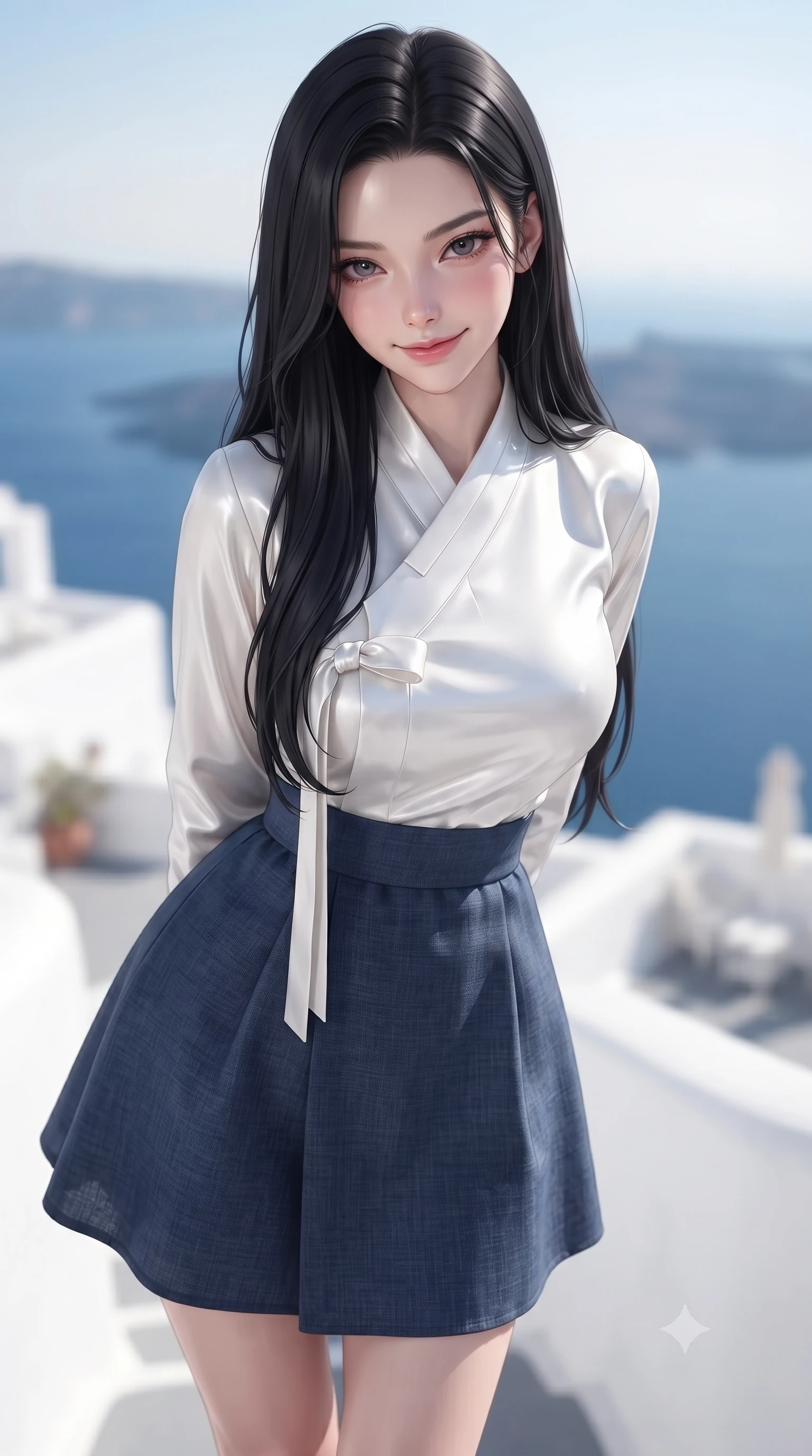 score_9, masterpiece, best quality, ultra-detailed, high-budget anime keyframe, editorial fashion photography, tasteful artistic composition, Korean woman woman. close-up cowboy shot from the waist and thighs up, the character dominates the composition, filling the frame with her large presence, background elements kept in soft focus. leaning slightly forward with a playful, teasing smile, her gaze locked onto the viewer the background shows a soft-focus a pristine white terrace of a Santorini villa overlooking a deep blue Aegean sea. She has an exceptionally elegant, slender, and willowy female figure with an ultra-slim waist, a gracefully sculpted slender torso, and a refined silhouette. sharp v-shaped jawline, high-bridge nose, intricate jewel-like eyes with depth, thick eyelashes, glossy lips with a natural sheen. wearing a body-hugging modern fusion hanbok dress with a navy blue linen skirt and a high-neck white silk jeogori wrapper. dazzling morning sunbeams reflecting off white plaster walls, creating a clean white glow. ultra-reflective glossy finish, specular highlights, metallic sheen, high-contrast stereoscopic depth, volumetric dynamic lighting, 2k, ultra detail, master piece, 9:16 ratio