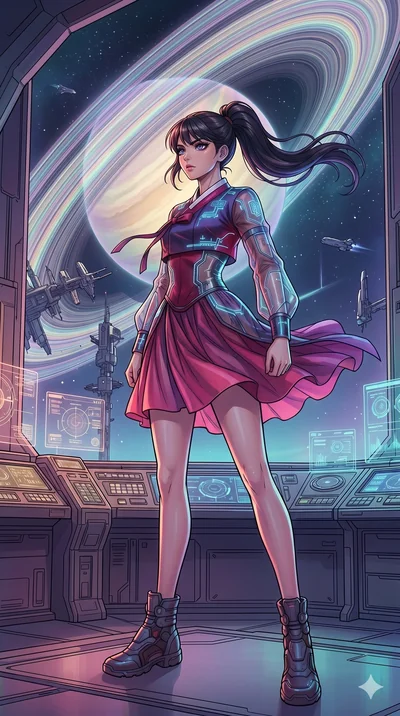 score_9, masterpiece, best quality, ultra-detailed, high-budget anime movie keyframe, cinematic anime lighting, intricate line art, Caucasian (strictly human ears) woman. Low angle cowboy shot capturing a powerful motion and statuesque presence. surv