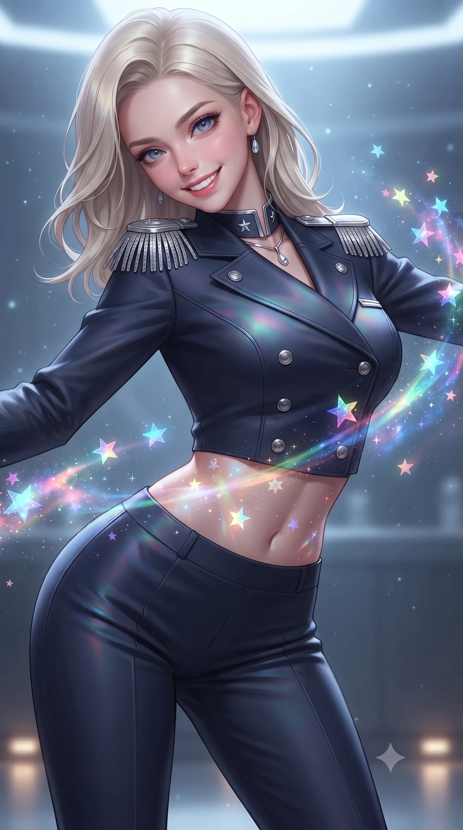 score_9, masterpiece, best quality, ultra-detailed, high-budget anime keyframe, editorial fashion photography, tasteful artistic composition, Caucasian woman. close-up cowboy shot from the waist and thighs up, the character dominates the composition, filling the frame with her large presence. leaning forward while arching her lower back to accentuate her curvy hips, looking into the camera with an intoxicating smoldering gaze and bedroom-eyes while twisting her slender torso in an alluring S-curve, floating holographic stars and nebulae casting celestial light ribbons across her flat midriff and hourglass curves. The background shows a soft-focus cool atmospheric particulate glow softened in supreme command war-room shallow focus. She has an exceptionally elegant, slender, and willowy female figure with an ultra-slim waist, flat toned midriff, narrow ribcage, and sculpted feminine hips creating an alluring, slim hourglass silhouette without bulk. sharp v-shaped jawline, high-bridge nose, intricate jewel-like sparkling eyes with depth, thick eyelashes, glossy parted lips with a natural peach sheen, bright cheerful beaming smile with an enchanting and coquettish sensual glint, exuding both youthful cute charm and seductive allure, flawlessly proportioned anatomical accuracy, strict slender model proportions, natural body alignment, perfectly sculpted long slender limbs, ultra-slim waistline, clean dynamic posture without body distortion. wearing a tailored orbital navy officer dress uniform featuring a structured double-breasted coat with silver epaulets, high mandarin collar, and matching pressed slacks in iridescent mother-of-pearl and liquid molten silver, crafted from bespoke double-faced cashmere with an exceptionally soft tactile finish, finished with a minimalist chrome choker and a single teardrop diamond pendant, the bespoke structured tailoring following the natural line of her 8.5-heads silhouette with refined elegance. bathed in the multi-colored celestial glow of the rotating holographic star system contrasted with subtle floor-level warm lights. ultra-reflective glossy finish, specular highlights, rich textural contrasts, high-contrast stereoscopic depth, volumetric dynamic lighting, 2k, ultra detail, master piece, 9:16 ratio
