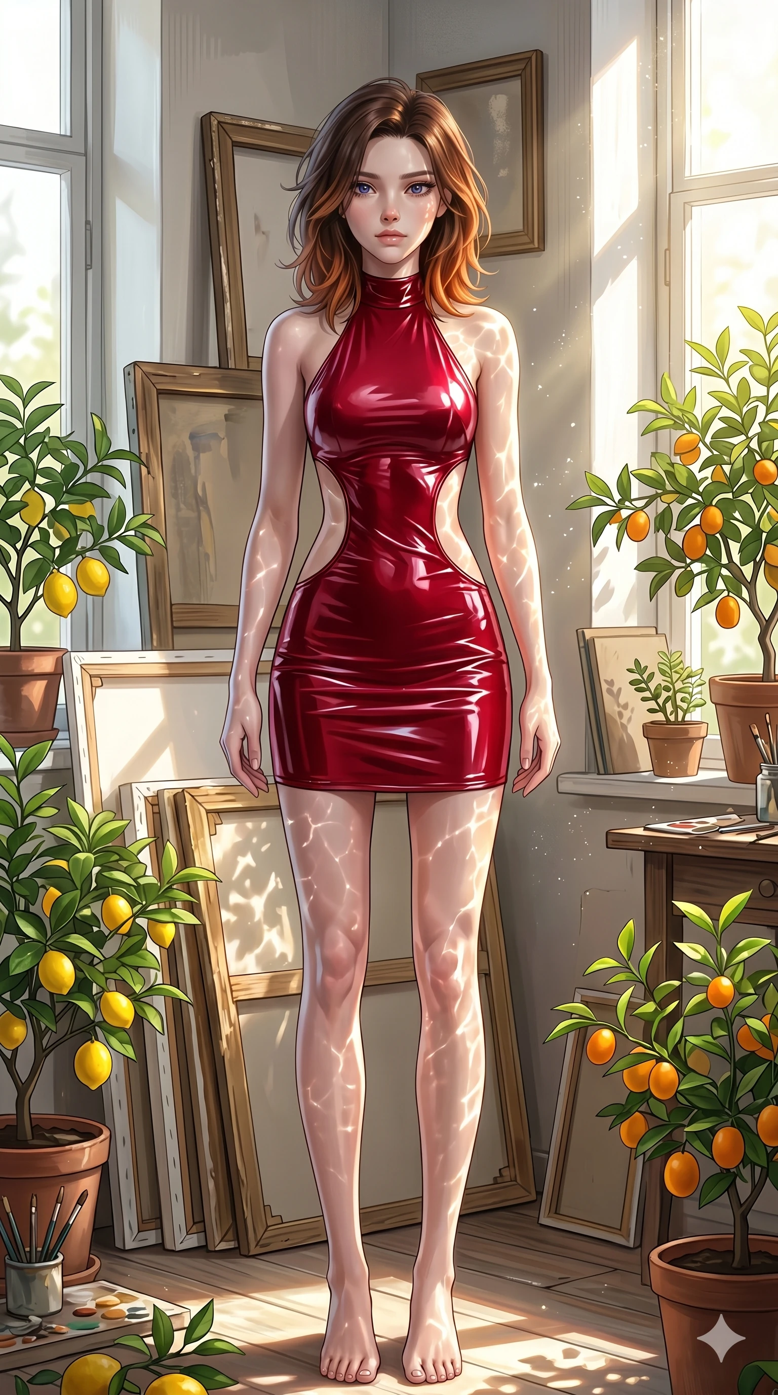 score_9, masterpiece, best quality, ultra-detailed, high-budget anime keyframe, editorial fashion photography, tasteful artistic composition, Korean woman. cowboy shot from the thighs up, character and outfit filling the frame for maximum editorial presence. gazing past the camera with wistful, melancholic eyes, her posture relaxed and full of quiet elegance in a quiet sun-washed art atelier filled with canvases and potted citrus plants (Code-P085). She has an absolutely perfect 8-heads proportion, an exceptionally tall and slender female figure with impossibly long slender legs and an ultra-slim waist. V-shaped jawline, high-bridge nose, intricate jewel-like eyes with depth, thick eyelashes, glossy lips with a natural sheen. wearing a glove-like wet-look crimson vinyl dress with a bold halter neck and dramatic side cutouts. bathed in brilliant morning sunshine reflecting off the water, casting glittering light patterns across her skin. 2k, ultra detail, master piece, 9:16 ratio