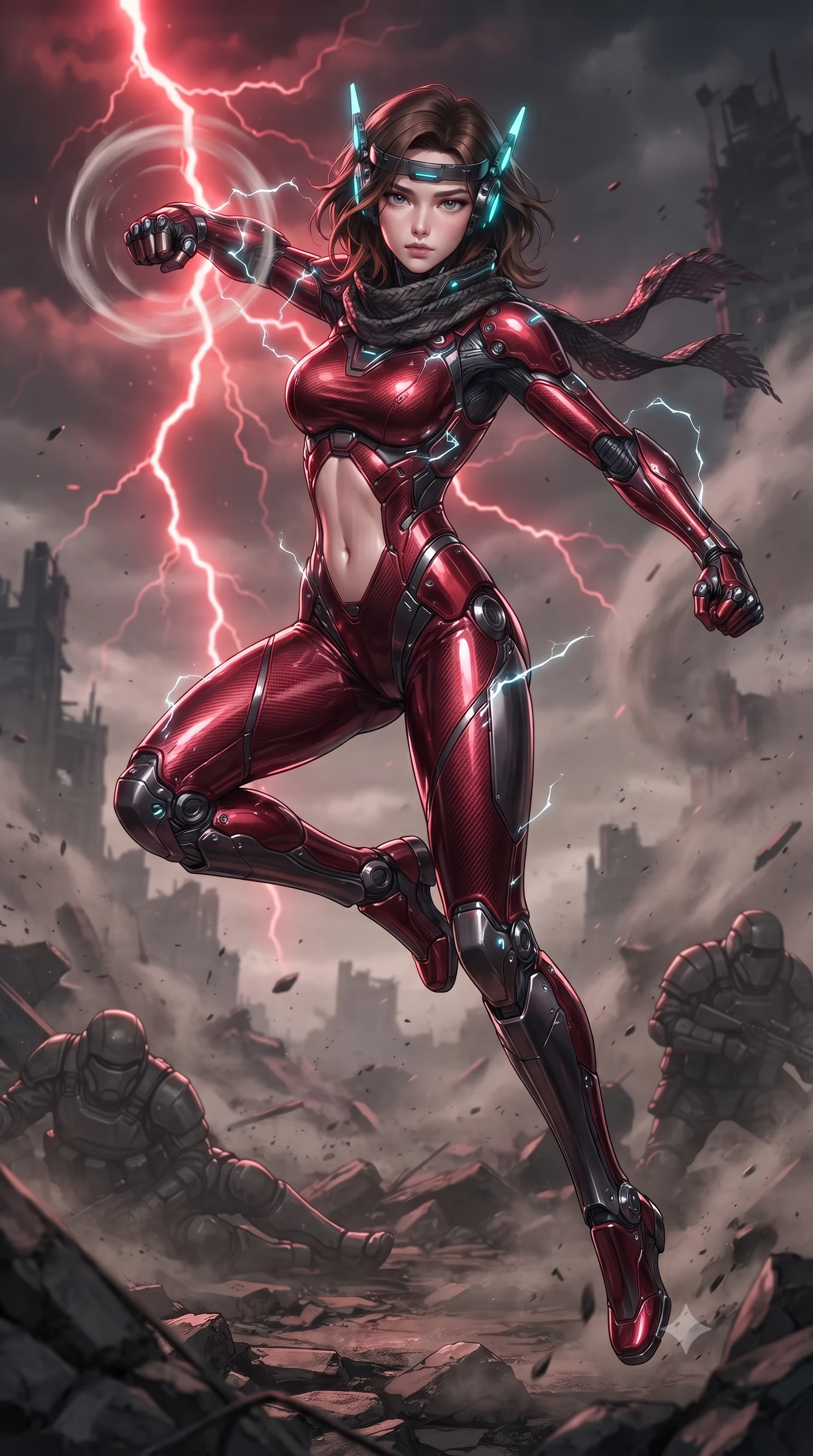 score_9, masterpiece, best quality, ultra-detailed, high-budget anime keyframe, editorial fashion photography, tasteful artistic composition, Korean woman. low angle full-body shot from head to toe showing her feet, filling the entire 9:16 vertical frame with her statuesque presence, stretching her vertical silhouette. leaping into mid-air with an athletic yet alluring arch of her spine, driving a downward kinetic strike surrounded by a ring of displaced air while pivoting dynamically as an ash whirlwind erupts around her, striking a grounded Panzer Kunst defensive guard. The surrounding environment is rendered in vivid detail and crisp panoramic clarity. detailed tactical scarf weave, lightning discharge filaments, and armor joint articulation in high clarity. She has an absolutely perfect, statuesque 8.5-heads proportion, an exceptionally tall and slender model-like female figure with impossibly long slender legs, a toned flat midriff, and an ultra-slim waist. sharp v-shaped jawline, high-bridge nose, intricate jewel-like eyes with depth, thick eyelashes, glossy lips with a natural sheen, fierce and resolute heroine expression, flawlessly proportioned anatomical accuracy, strict slender model proportions, natural body alignment, perfectly sculpted long slender limbs, ultra-slim waistline, clean dynamic posture without body distortion. wearing a lightweight carbon-fiber tactical sensory headpiece with glowing cyan ear-antennae and an ultra-thin forehead HUD brow-band, paired with an ultra-sleek high-gloss carbon-composite exoskeleton suit featuring kinetic shock-absorbing shin guards and flexible limb articulation joints in deep battle-scarred crimson carbon weave with specular dark chrome accents, tailored from flexible second-skin ballistic carbon-mesh adhering flawlessly to her athletic build, featuring a sleek aerodynamic collar framed by subtle glowing cybernetic status LEDs, the precision-cut daring openings accentuating her delicate midriff, graceful bare collarbones, and ultra-slim feminine waistline. bathed in eerie crimson lightning storm backlighting and ominous dark ash ambient fill. ultra-reflective glossy finish, specular highlights, dark metallic sheen, high-contrast stereoscopic depth, volumetric dynamic lighting, 2k, ultra detail, master piece, 9:16 ratio