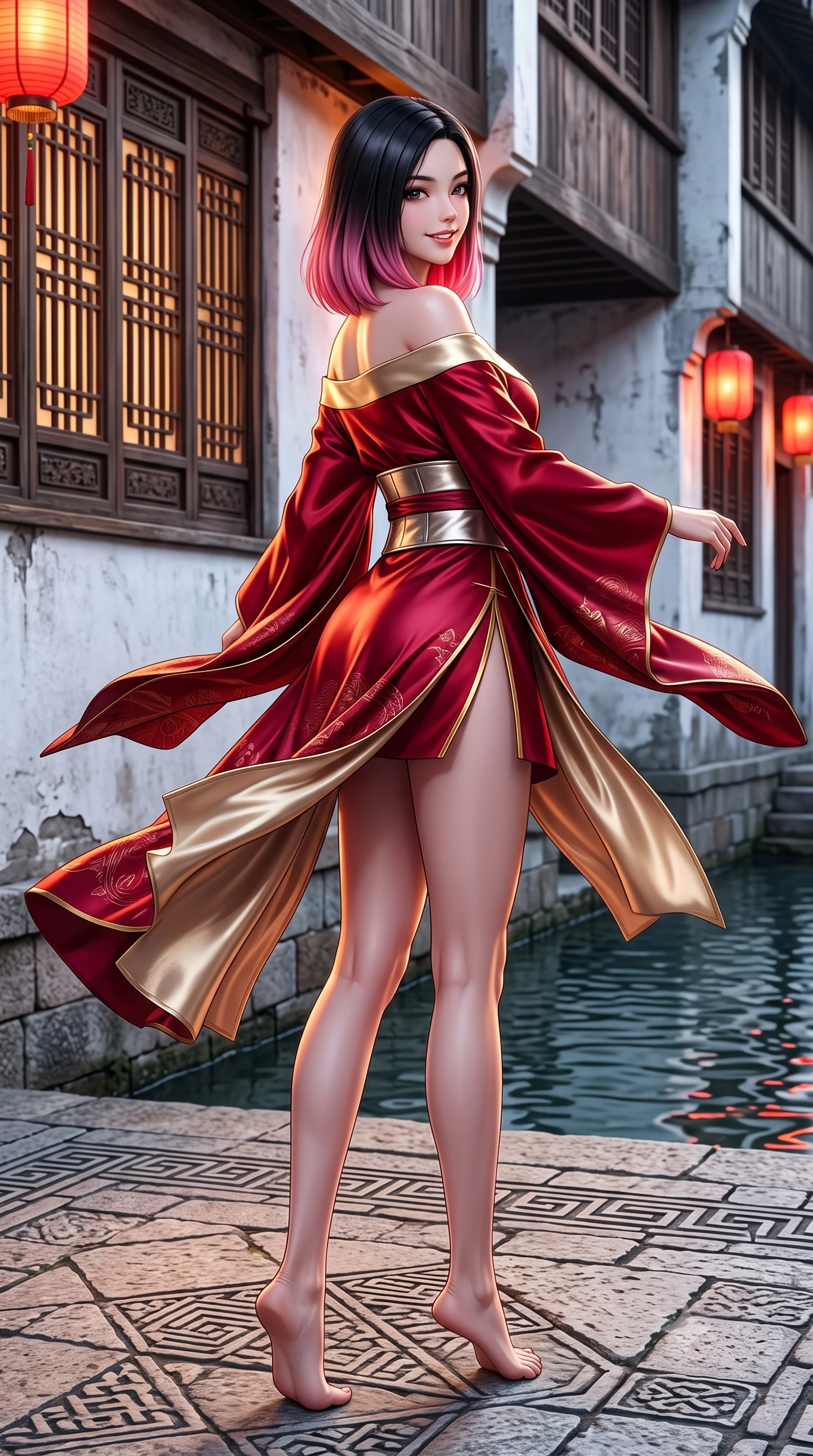 score_9, masterpiece, best quality, ultra-detailed, high-budget anime keyframe, semi-realistic 3D game render, editorial fashion photography, tasteful artistic composition, Korean woman. low angle full-body shot from head to toe showing her feet, filling the entire 9:16 vertical frame with her statuesque presence, stretching her vertical silhouette. executing a graceful dancer pivot turn as her layered silk chima skirt flutters around her slender legs, glancing over her shoulder with an intoxicating bedroom-gaze while lounging in an antique black lacquer daybed with one knee drawn up, her modern high-slit cheongsam displaying her long slender legs. The surrounding environment is rendered in vivid detail and crisp panoramic clarity: sharp carved wooden window lattice patterns, weathered whitewashed plaster texture, and canal water ripples in deep focus. She has an absolutely perfect, statuesque 8.5-heads proportion, an exceptionally tall and slender model-like female figure with impossibly long slender legs, an ultra-slim waist, a flat toned midriff, narrow delicate ribcage, and beautifully sculpted feminine hips creating a graceful, slim hourglass silhouette without any bulky heaviness. sharp v-shaped jawline, high-bridge nose, intricate jewel-like dark sparkling almond eyes with depth, thick lashes, glossy parted lips with a natural rose-plum sheen, bright alluring and coquettish smile with bedroom-eyes, exuding both timeless oriental elegance and sovereign high-fashion allure, flawlessly proportioned anatomical accuracy, strict slender model proportions, natural body alignment, perfectly sculpted long slender limbs, ultra-slim waistline, clean dynamic posture without body distortion. wearing an asymmetric off-shoulder cyber-kimono mini dress with a wide metallic obi corset belt accentuating her narrow waist in royal crimson red and lustrous champagne gold, crafted from heavy fluid silk satin with a liquid mirror-like sheen, finished with sharp laser-cut side hip slits framed by gold piping, the form-contouring cut accentuating her sculpted flat midriff, narrow delicate ribcage, and gracefully curvy hips with regal oriental supermodel elegance. illuminated by red lantern glow and sharp amber-gold rim lights defining her sculpted collarbones, ultra-slim waist, and curvy hips. highly saturated vibrant anime colors, detailed shading with soft gradients, rich glossy textures, high-contrast stereoscopic depth, volumetric dynamic lighting, master piece, 9:16 ratio