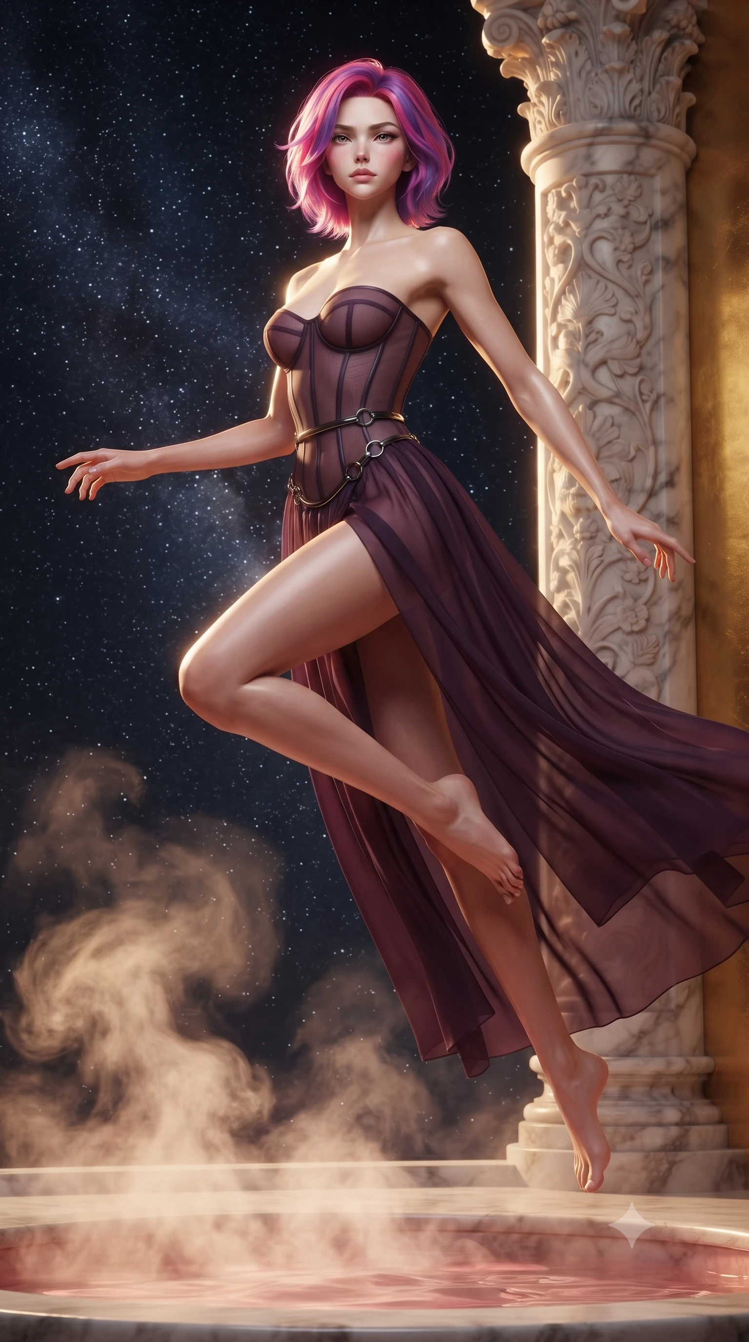 score_9, masterpiece, best quality, ultra-detailed, high-budget anime keyframe, editorial fashion photography, tasteful artistic composition, Caucasian woman. low angle full-body shot from head to toe showing her feet, filling the entire 9:16 vertical frame with her statuesque presence, stretching her vertical silhouette. leaping dynamically through the starry space, her posture full of power and elegance, resting against a carved marble pillar as warm steam rises from rose water, sculpted clavicle lines and bare shoulders catching golden rim rays. She has an absolutely perfect, statuesque 8.5-heads proportion, an exceptionally tall and slender model-like female figure with impossibly long slender legs and an ultra-slim waist. sharp v-shaped jawline, high-bridge nose, intricate jewel-like eyes with depth, thick eyelashes, glossy lips with a natural sheen. wearing semi-opaque sheer dark chiffon gown revealing structured corset silhouette in dark plum violet, made of sheer dark organza overlay, trimmed with dark chrome ring hardware along the waist contours, sculpting her athletic slender build with refined precision. illuminated by warm golden spotlights reflecting off gold leaf walls. ultra-reflective glossy finish, specular highlights, metallic sheen, high-contrast stereoscopic depth, volumetric dynamic lighting, 2k, ultra detail, master piece, 9:16 ratio