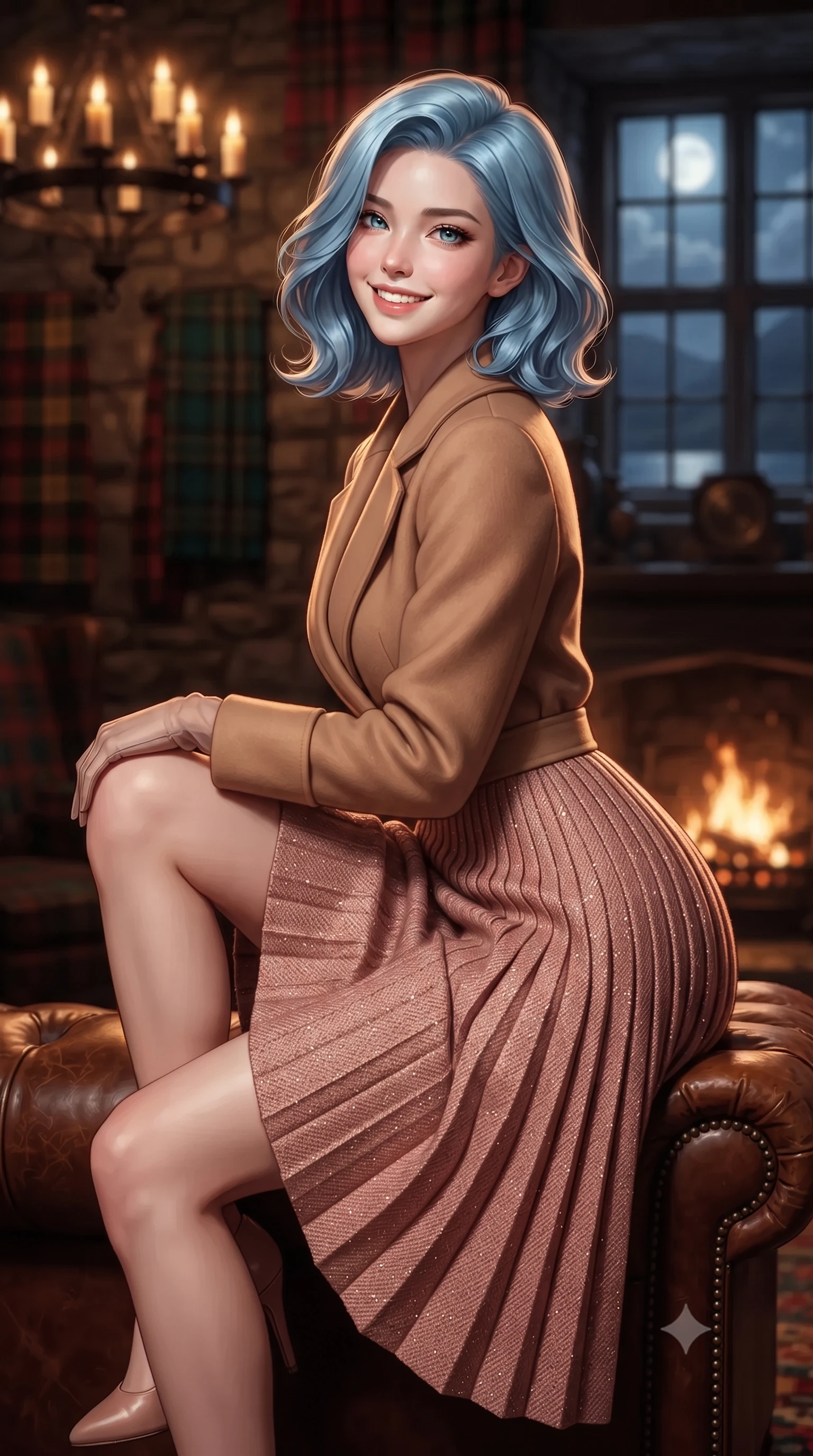 score_9, masterpiece, best quality, ultra-detailed, high-budget anime keyframe, editorial fashion photography, tasteful artistic composition, Korean woman. close-up cowboy shot from the waist and thighs up, the character dominates the composition, filling the frame with her large presence. perched sideways on the lounge seat, one knee drawn up to showcase her slender leg line while her arched back accentuates her feminine hip curve while twisting her slender torso in an alluring contrapposto stance on the slate flagstone floor, glowing hearth firelight caressing her narrow waist and curvy hips. The background shows a soft-focus flickering iron candelabra chandeliers, antique Scottish clan tartans on stone walls, and moonlit Loch Duich waters through mullioned windows blurred into amber, emerald, and peat bokeh. She has an exceptionally elegant, slender, and willowy female figure with an ultra-slim waist, flat toned midriff, narrow ribcage, and sculpted feminine hips creating an alluring, slim hourglass silhouette without bulk. sharp v-shaped jawline, high-bridge nose, intricate jewel-like sparkling eyes with depth, thick eyelashes, glossy parted lips with a natural peach sheen, bright cheerful beaming smile with an enchanting and coquettish sensual glint, exuding both youthful cute charm and seductive allure, flawlessly proportioned anatomical accuracy, strict slender model proportions, natural body alignment, perfectly sculpted long slender limbs, ultra-slim waistline, clean dynamic posture without body distortion. wearing a tailored double-faced camel cashmere wrap coat paired with an accordion pleated wool skirt in rose-quartz blush and burnished copper, woven from structured British tweed with subtle metallic flecks, complemented by sheer opera-length evening gloves tracing her slender arms, the bespoke structured tailoring following the natural line of her 8.5-heads silhouette with refined elegance. illuminated by slate floor reflection bounce and sharp copper-gold rim lights sculpting her razor-sharp jawline, narrow waist, and curvy hips. ultra-reflective glossy finish, specular highlights, rich textural contrasts, high-contrast stereoscopic depth, volumetric dynamic lighting, 2k, ultra detail, master piece, 9:16 ratio