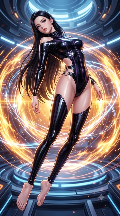 score_9, masterpiece, best quality, ultra-detailed, high-budget anime keyframe, semi-realistic 3D game render, editorial fashion photography, tasteful artistic composition, Korean woman. low angle full-body shot from head to toe showing her feet, fil