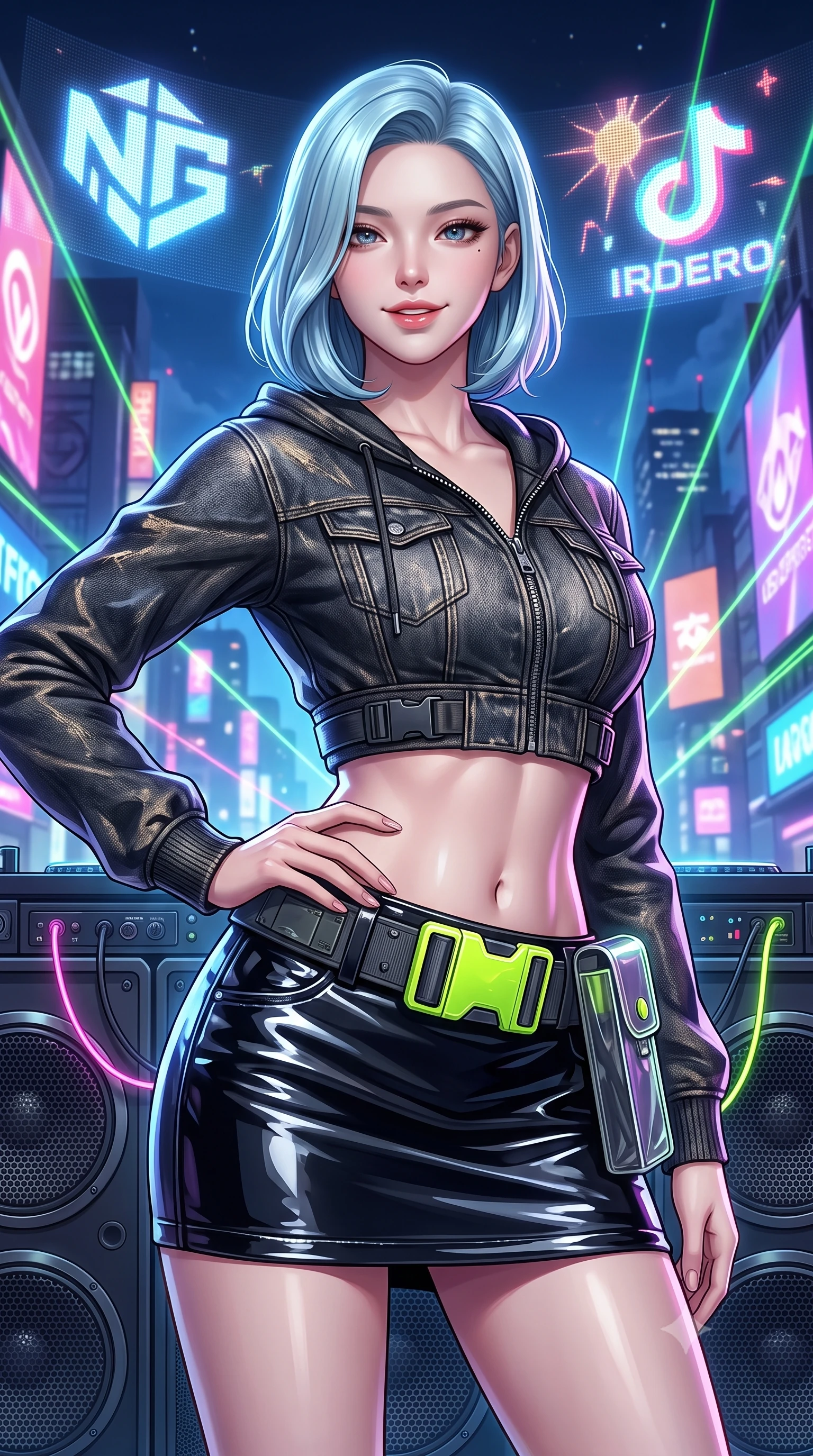score_9, masterpiece, best quality, ultra-detailed, high-budget anime keyframe, semi-realistic 3D game render, editorial fashion photography, tasteful artistic composition, Korean woman. close-up cowboy shot from the waist and thighs up, the character dominates the composition, filling the frame with her large presence. smiling with subtle, enchanting allure and glossy parted lips, one hand resting on her waist with effortless supermodel poise while pivoting with energetic street-dance momentum as giant holographic animated logos flash across the night sky behind her. The surrounding environment is rendered in vivid detail and crisp panoramic clarity. intricate audio speaker grilles, glowing LED accessory cables, and laser beam paths in high resolution. She has an exceptionally elegant, slender, and willowy female figure with an ultra-slim waist, a gracefully sculpted slender torso, toned flat midriff, and a refined slim silhouette. sharp v-shaped jawline, high-bridge nose, intricate jewel-like eyes with depth, thick eyelashes, glossy lips with a natural sheen, captivating and magnetic expression, flawlessly proportioned anatomical accuracy, strict slender model proportions, natural body alignment, perfectly sculpted long slender limbs, ultra-slim waistline, clean dynamic posture without body distortion. wearing a glossy patent-leather mini skirt paired with a zippered crop hoodie and tactical utility belt in acid lime green and dark carbon grey, tailored from distressed structured cotton denim with metallic thread, complemented by a neon LED belt buckle and translucent vinyl holster, the sleek tailored cut tightly hugging her graceful clavicle, narrow waist, and feminine curves with statuesque precision. surrounded by a vibrant, fearless, and passionately energetic Y2K party queen aura. highly saturated vibrant anime colors, detailed shading with soft gradients, rich glossy textures, high-contrast stereoscopic depth, volumetric dynamic lighting, master piece, 9:16 ratio