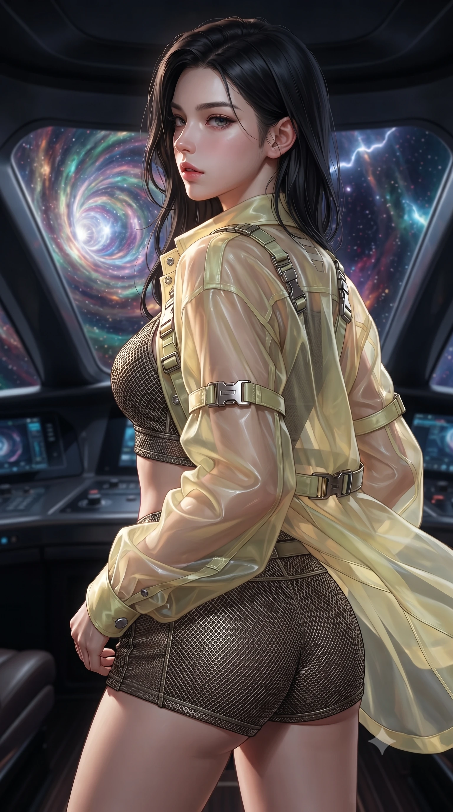 score_9, masterpiece, best quality, ultra-detailed, high-budget anime keyframe, editorial fashion photography, tasteful artistic composition, Korean woman. close-up cowboy shot from the waist and thighs up, the character dominates the composition, filling the frame with her large presence, background elements kept in soft focus. turning her face in profile to look over her shoulder, casting a smoldering side gaze with lips slightly parted, the background shows a soft-focus a yacht cockpit view facing a swirling wormhole entrance in space. She has an exceptionally elegant, slender, and willowy female figure with an ultra-slim waist, a gracefully sculpted slender torso, and a refined silhouette. sharp v-shaped jawline, high-bridge nose, intricate jewel-like eyes with depth, thick eyelashes, glossy lips with a natural sheen. wearing a body-hugging sheer organza combat shirt in pale yellow, worn open over a carbon-mesh crop top and micro-shorts. flashes of lightning casting momentary high-contrast chiaroscuro shadows. ultra-reflective glossy finish, specular highlights, metallic sheen, high-contrast stereoscopic depth, volumetric dynamic lighting, 2k, ultra detail, master piece, 9:16 ratio