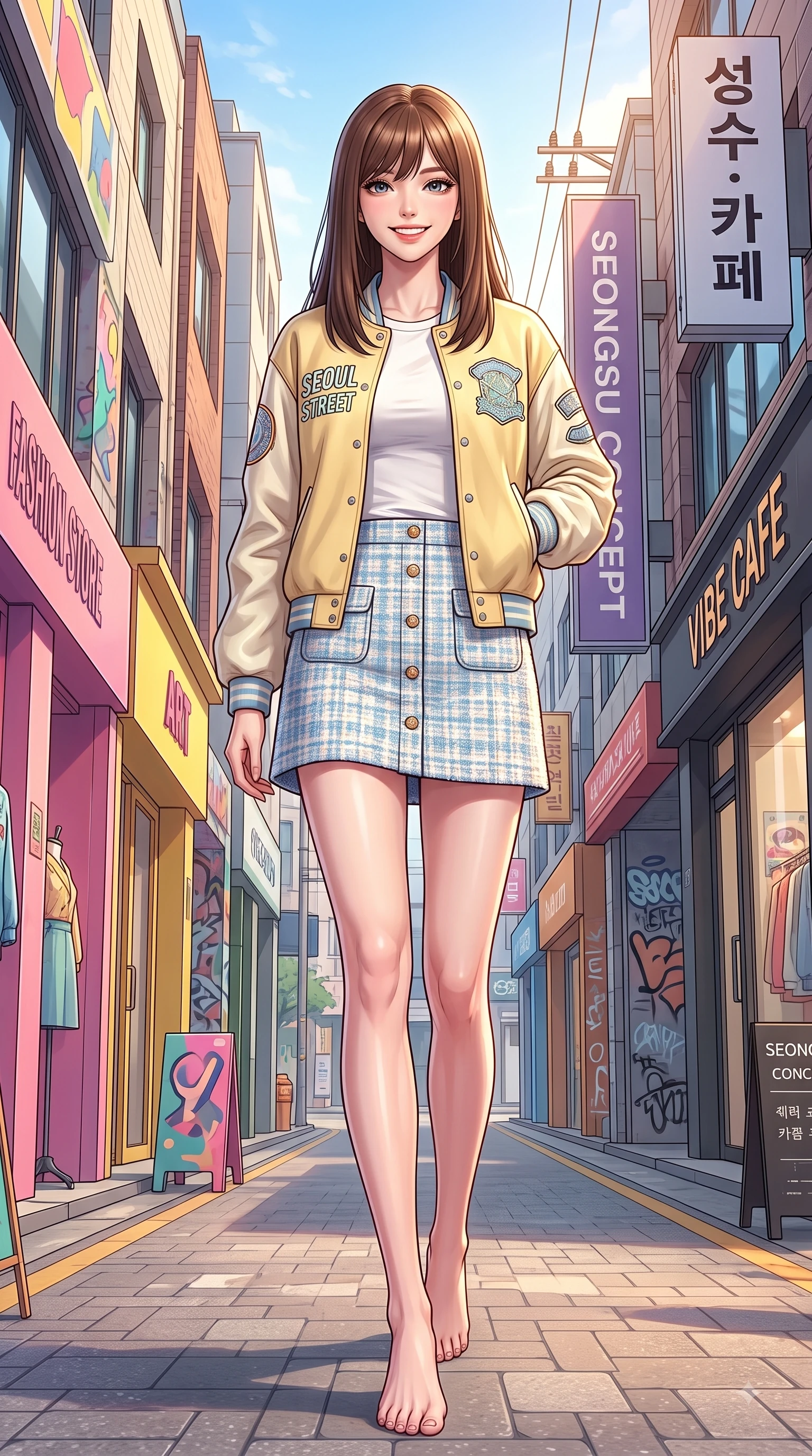 score_9, masterpiece, best quality, ultra-detailed, high-budget anime keyframe, editorial fashion photography, tasteful artistic composition, Korean woman. low angle full-body shot from head to toe showing her feet, filling the entire 9:16 vertical frame with her statuesque presence, stretching her vertical silhouette. walking forward in a proud dynamic stride with a cheerful beaming smile, her vertical silhouette filling the frame while walking dynamically down a stylish Seongsu street lined with colorful fashion pop-up stores. The surrounding environment is rendered in vivid detail and crisp panoramic clarity. crisp sunlight highlights filtering between stylish Seongsu boutiques and modern cafes. She has an absolutely perfect, statuesque 8.5-heads proportion, an exceptionally tall and slender model-like female figure with impossibly long slender legs and an ultra-slim waist. sharp v-shaped jawline, high-bridge nose, intricate jewel-like eyes with depth, thick eyelashes, glossy lips with a natural sheen, flawlessly proportioned anatomical accuracy, natural body alignment, perfectly sculpted elegant limbs, clean dynamic posture without body distortion. wearing a chic urban pastel yellow varsity jacket, fitted white tee, and tennis skirt in baby blue and cloud white, tailored from soft pastel tweed with subtle metallic thread, finished with neat front wooden buttons and pocket details, the tailored casual silhouette highlighting her fresh and youthful presence. bathed in bright golden hour sunshine and warm urban ambient illumination. highly saturated vibrant anime colors, detailed shading with soft gradients, rich glossy textures, high-contrast stereoscopic depth, volumetric dynamic lighting, master piece, 9:16 ratio