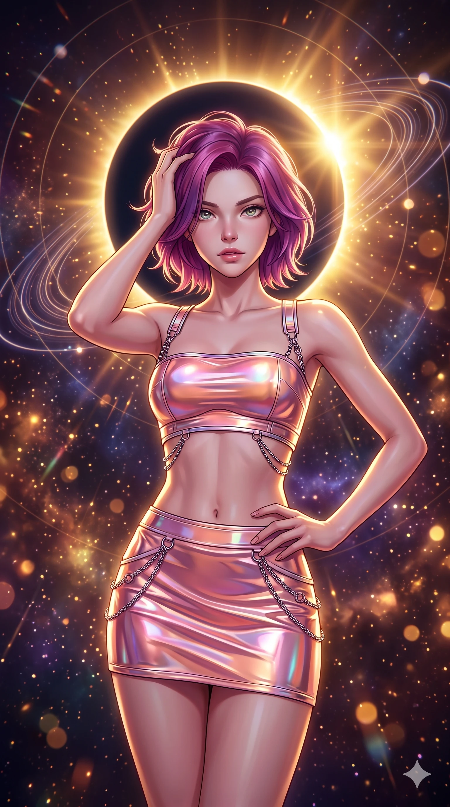 score_9, masterpiece, best quality, ultra-detailed, high-budget anime keyframe, semi-realistic 3D game render, editorial fashion photography, tasteful artistic composition, Caucasian woman. close-up cowboy shot from the waist and thighs up, the character dominates the composition, filling the frame with her large presence. twisting her slender torso in an alluring contrapposto stance, one hand resting on her sculpted hip while her fingers toy with her hair with effortless poise while twisting her slender torso in an alluring S-curve, blinding golden corona rays curving dynamically around her flat midriff and hourglass curves. The background shows a soft-focus blinding golden solar corona flare around the black moon silhouette, concentric glowing orbital rings, and distant starfield blurred into gold, amber, and onyx bokeh. She has an exceptionally elegant, slender, and willowy female figure with an ultra-slim waist, flat toned midriff, narrow ribcage, and sculpted feminine hips creating an alluring, slim hourglass silhouette without bulk. sharp v-shaped jawline, high-bridge nose, intricate jewel-like sparkling eyes with depth, thick eyelashes, glossy parted lips with a natural peach sheen, bright cheerful beaming smile with an enchanting and coquettish sensual glint, exuding both youthful cute charm and seductive allure, flawlessly proportioned anatomical accuracy, strict slender model proportions, natural body alignment, perfectly sculpted long slender limbs, ultra-slim waistline, clean dynamic posture without body distortion. wearing an ultra-cropped fitted bandeau top paired with a micro mini tennis skirt revealing her flat toned midriff in Solaris liquid rose-quartz and alien peach, crafted from bespoke double-faced cashmere with an exceptionally soft tactile finish, accented with an open-back drape framed by falling strands of delicate chrome chains, the liquid-tight tailored fabric clinging flawlessly to her narrow waist and rounded feminine hips, emphasizing every millimeter of her sculpted slim hourglass curves without any bulky heaviness. bathed in the blinding warm golden 4500K synchrotron radiance of the solar corona contrasted with deep jet-black space void. highly saturated vibrant anime colors, detailed shading with soft gradients, rich glossy textures, high-contrast stereoscopic depth, volumetric dynamic lighting, master piece, 9:16 ratio