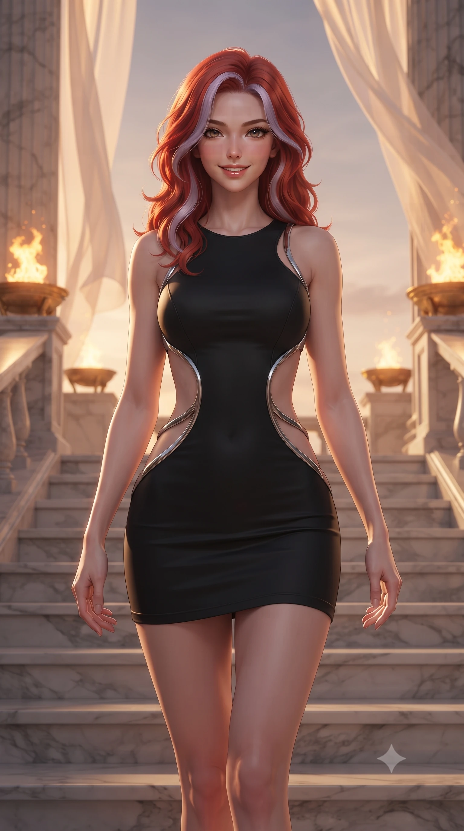 score_9, masterpiece, best quality, ultra-detailed, high-budget anime keyframe, editorial fashion photography, tasteful artistic composition, Caucasian woman. close-up cowboy shot from the waist and thighs up, the character dominates the composition, filling the frame with her large presence, background elements kept in soft focus. Smiling with quiet, magnetic self-assurance directly into the lens descending a grand marble staircase flanked by golden torch flames at dusk, translucent silk curtains drifting lazily in a warm sky breeze. She has an exceptionally elegant, slender, and willowy female figure with an ultra-slim waist, a gracefully sculpted slender torso, and a refined silhouette. sharp v-shaped jawline, high-bridge nose, intricate jewel-like eyes with depth, thick eyelashes, glossy lips with a natural sheen. wearing a dramatic open-waist cutout mini dress in matte black framed by sculptural chrome hardware, the sleek second-skin texture accentuating her magnetic presence. lit by brilliant warm key light softening into smooth, elegant gradients. ultra-reflective glossy finish, specular highlights, metallic sheen, high-contrast stereoscopic depth, volumetric dynamic lighting, 2k, ultra detail, master piece, 9:16 ratio