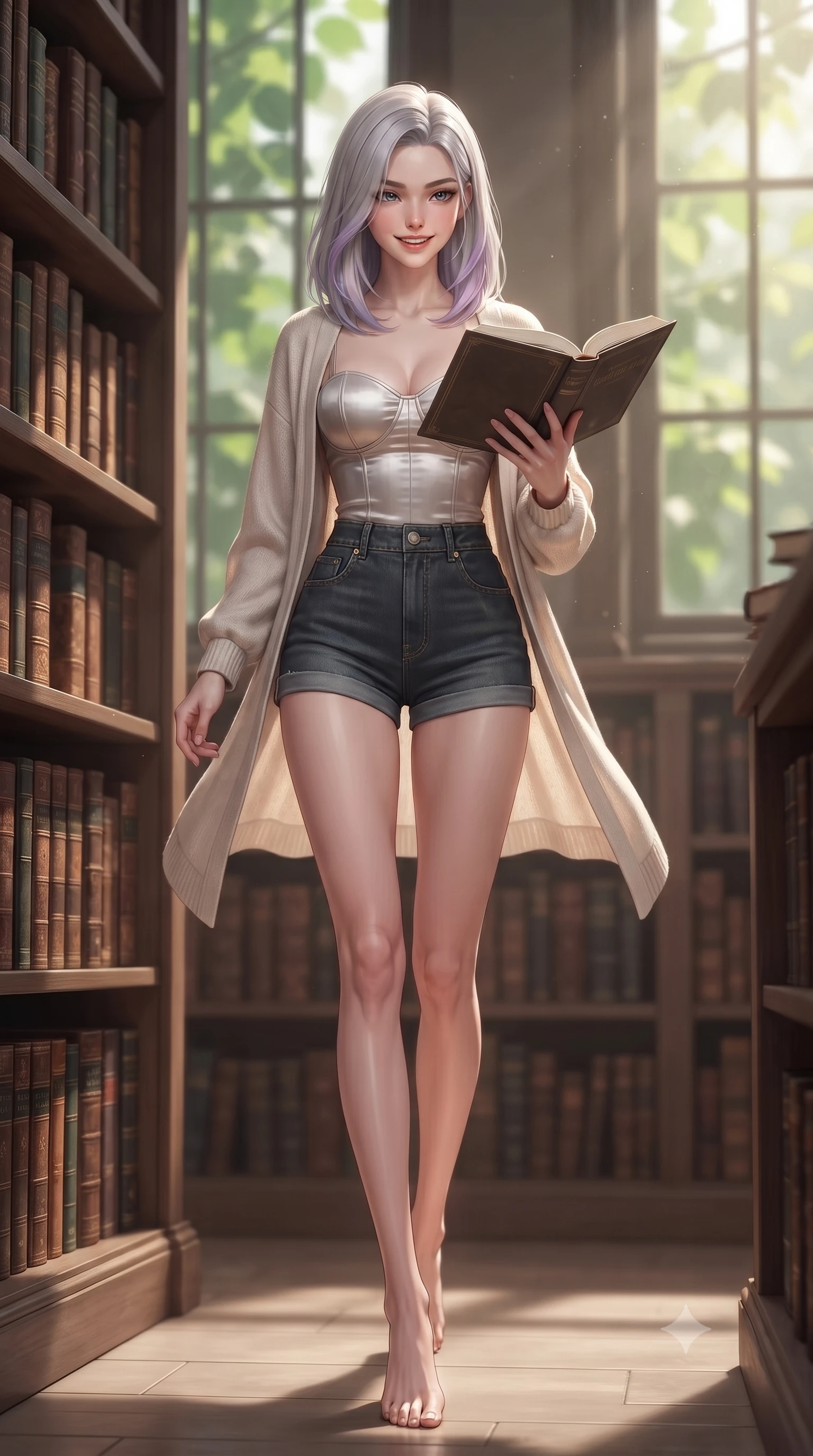 score_9, masterpiece, best quality, ultra-detailed, high-budget anime keyframe, editorial fashion photography, tasteful artistic composition, Caucasian woman. low angle full-body shot from head to toe showing her feet, filling the entire 9:16 vertical frame with her statuesque presence, stretching her vertical silhouette. stepping forward with an alluring, magnetic smile, her graceful posture highlighting her statuesque silhouette set against a soft-focus background of in a quiet library study alcove surrounded by tall oak bookshelves filled with old books reading an open hardcover book with a happy, focused expression. She has an absolutely perfect, statuesque 8.5-heads proportion, an exceptionally tall and slender model-like female figure with impossibly long slender legs and an ultra-slim waist. sharp v-shaped jawline, high-bridge nose, intricate jewel-like eyes with depth, thick eyelashes, glossy lips with a natural sheen. wearing body-hugging tailored cotton bustier top paired with high-waist denim shorts and a light cardigan. soft afternoon daylight filtered through green leaves outside the window. ultra-reflective glossy finish, specular highlights, metallic sheen, high-contrast stereoscopic depth, volumetric dynamic lighting, 2k, ultra detail, master piece, 9:16 ratio