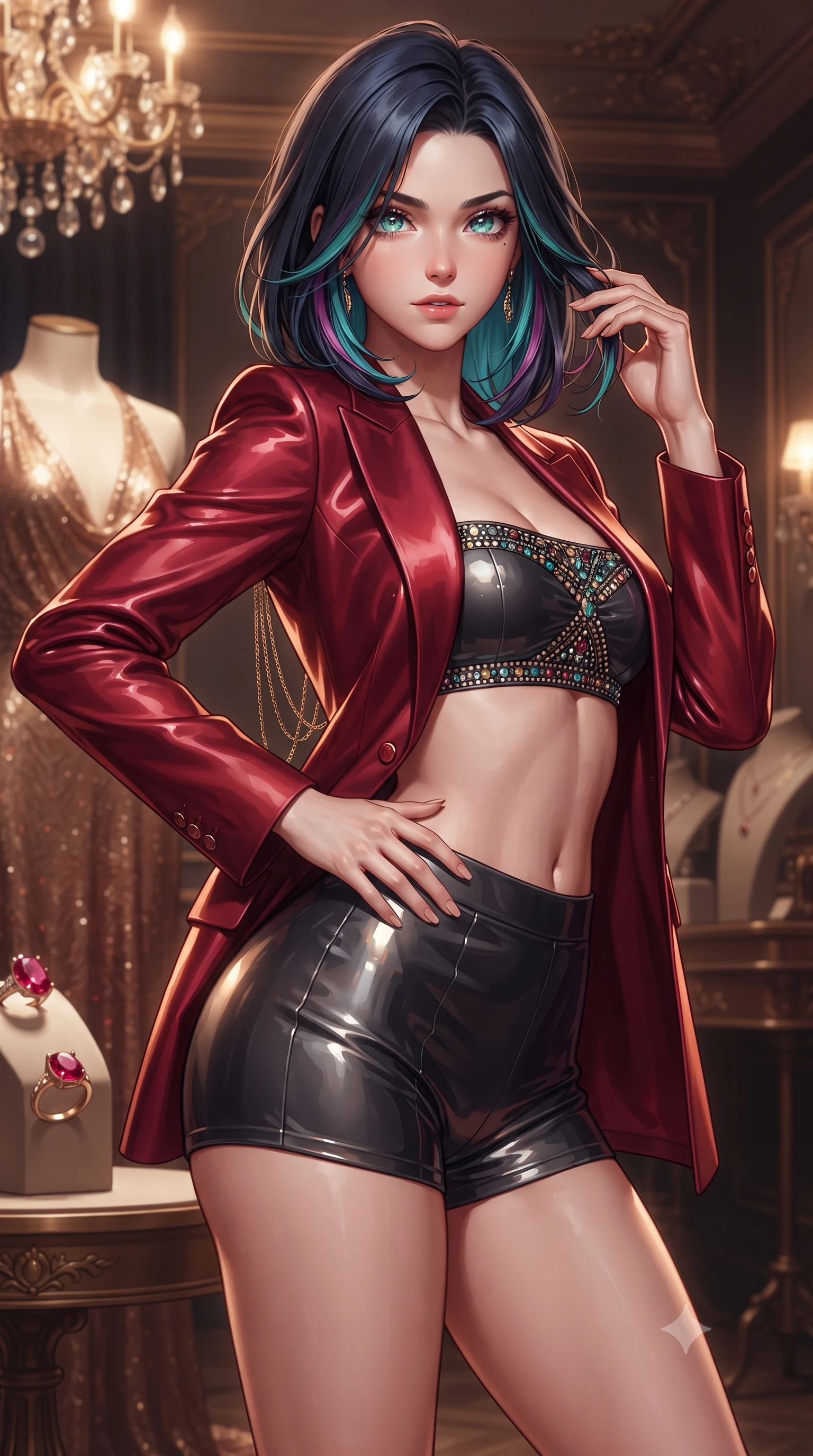 score_9, masterpiece, best quality, ultra-detailed, high-budget anime keyframe, editorial fashion photography, tasteful artistic composition, Caucasian woman. close-up cowboy shot from the waist and thighs up, the character dominates the composition, filling the frame with her large presence. twisting her slender torso in an alluring contrapposto stance, one hand resting on her sculpted hip while her fingers toy with her hair with effortless poise while twisting her slender torso in an alluring S-curve, warm backlit onyx stone tracing her narrow waist, flat midriff, and rounded hips. The surrounding environment is rendered in vivid detail and crisp panoramic clarity: detailed plunging cowl-neck silk gown cling, ruby ring shine, and opulent Belle Époque craftsmanship in high resolution. She has an exceptionally elegant, slender, and willowy female figure with an ultra-slim waist, flat toned midriff, narrow ribcage, and sculpted feminine hips creating an alluring, slim hourglass silhouette without bulk. sharp v-shaped jawline, high-bridge nose, sparkling eyes with hypnotic seductive depth, thick curled eyelashes, glossy parted lips with a natural dewy peach sheen, alluring bedroom-eyes with an enchanting coquettish smile, exuding magnetic siren charisma and sophisticated glamour, flawlessly proportioned anatomical accuracy, strict slender model proportions, natural body alignment, perfectly sculpted long slender limbs, ultra-slim waistline, clean dynamic posture without body distortion. wearing a tailored open-front satin smoking jacket worn over a jewel-embellished bandeau and micro-shorts in rich cherry lacquer and smoky charcoal, crafted from wet-look high-gloss vinyl fabric with dazzling specular surface reflections, accented with an open-back drape framed by falling strands of delicate gold chains, the glove-like clinging cut tightly following the natural contour of her hips and long slender legs with youthful 8.5-heads elegance. illuminated by chandelier reflections and sharp warm-amber rim lights defining her delicate clavicles, ultra-slim waist, and curvy hips. ultra-reflective glossy finish, specular highlights, rich textural contrasts, high-contrast stereoscopic depth, volumetric dynamic lighting, 2k, ultra detail, master piece, 9:16 ratio