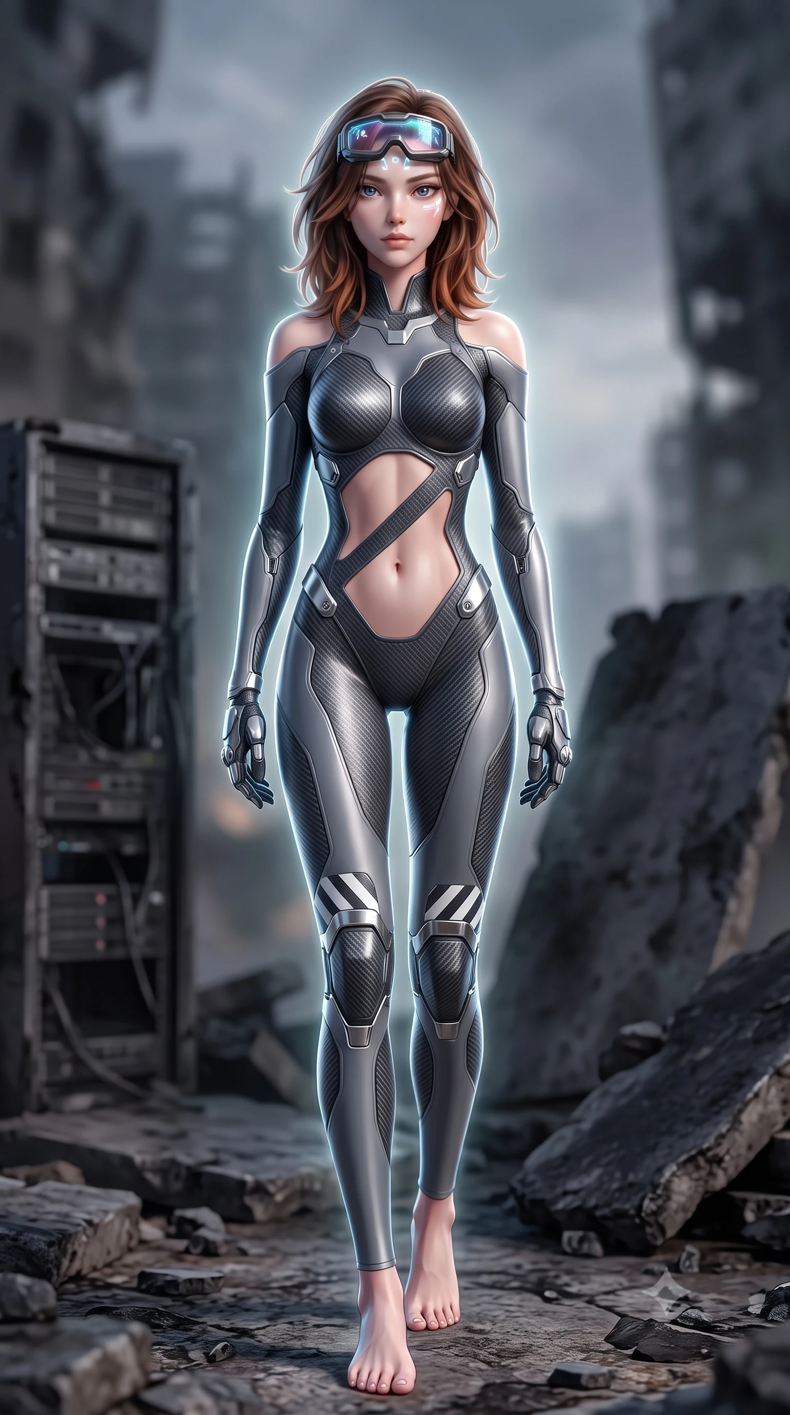 score_9, masterpiece, best quality, ultra-detailed, high-budget anime keyframe, semi-realistic 3D game render, editorial fashion photography, tasteful artistic composition, Korean woman. low angle full-body shot from head to toe showing her feet, filling the entire 9:16 vertical frame with her statuesque presence, stretching her vertical silhouette. striding forward with sovereign warrior elegance in a low, predatory combat advance through the ruins, hips swaying with fierce athletic poise while assuming a defensive Panzer Kunst stance as residual EMP charge creates a faint glowing halo around her slender silhouette. The composition keeps background elements in soft focus with creamy bokeh. shattered server towers and blackened concrete slabs softened in smooth atmospheric depth of field. She has an absolutely perfect, statuesque 8.5-heads proportion, an exceptionally tall and slender model-like female figure with impossibly long slender legs, a toned flat midriff, and an ultra-slim waist. sharp v-shaped jawline, high-bridge nose, intricate jewel-like eyes with depth, thick eyelashes, glossy lips with a natural sheen, fierce and resolute heroine expression, flawlessly proportioned anatomical accuracy, strict slender model proportions, natural body alignment, perfectly sculpted long slender limbs, ultra-slim waistline, clean dynamic posture without body distortion. wearing high-tech holographic tactical goggles resting tipped up on her forehead, casting glowing neon runes across her brow without obscuring her features, paired with a form-contouring high-mobility battle-suit featuring sculpted carbon chest plating, diagonal midriff ventilation cutouts, and kinetic knee vambraces in storm-grey carbon mesh with high-contrast white hazard stripes, crafted from ultra-strong woven carbon-fiber composite with battle-tested satin luster, detailed with kinetic shock-dampening knuckle guards and polished chrome connection joints, the precision-cut daring openings accentuating her delicate midriff, graceful bare collarbones, and ultra-slim feminine waistline. illuminated by crisp directional rim lights sharply defining her ultra-slim waist, long legs, and flat midriff. rich saturated anime colors with glowing neon highlights, detailed shading with soft gradients, rich glossy textures, high-contrast stereoscopic depth, volumetric dynamic lighting, master piece, 9:16 ratio