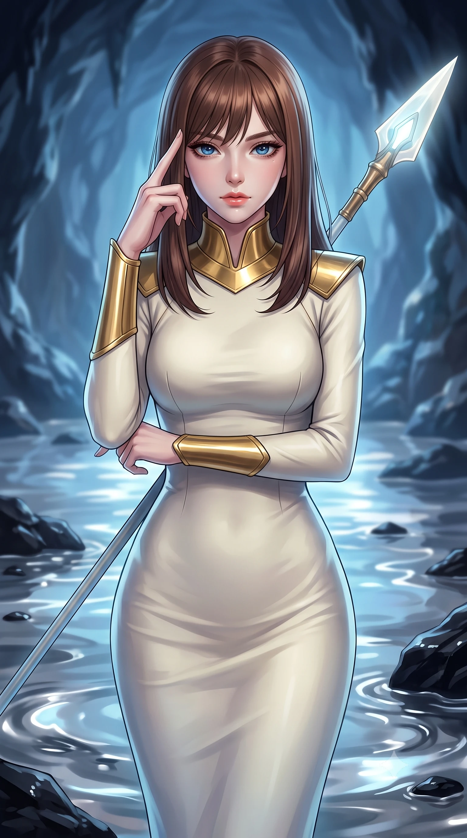 score_9, masterpiece, best quality, ultra-detailed, high-budget anime keyframe, editorial fashion photography, tasteful artistic composition, Korean woman. close-up cowboy shot from the waist and thighs up, the character dominates the composition, filling the frame with her large presence, background elements kept in soft focus. pressing two fingers to her temple while holding a light-spear diagonally behind her in a composed thoughtful gesture, the background shows a soft-focus a marine cave spring filled with liquid silver mercury and black obsidian rocks. She has an exceptionally elegant, slender, and willowy female figure with an ultra-slim waist, a gracefully sculpted slender torso, and a refined silhouette. sharp v-shaped jawline, high-bridge nose, intricate jewel-like eyes with depth, thick eyelashes, glossy lips with a natural sheen. wearing a form-contouring elegant stellar senator gown in heavy cream wool, featuring structured metallic gold collar guards and long sleeves. soft blue light reflecting from the mercury pool onto the cave walls and ceiling. highly saturated vibrant anime colors, detailed shading with soft gradients, rich glossy textures, high-contrast stereoscopic depth, volumetric dynamic lighting, master piece, 9:16 ratio