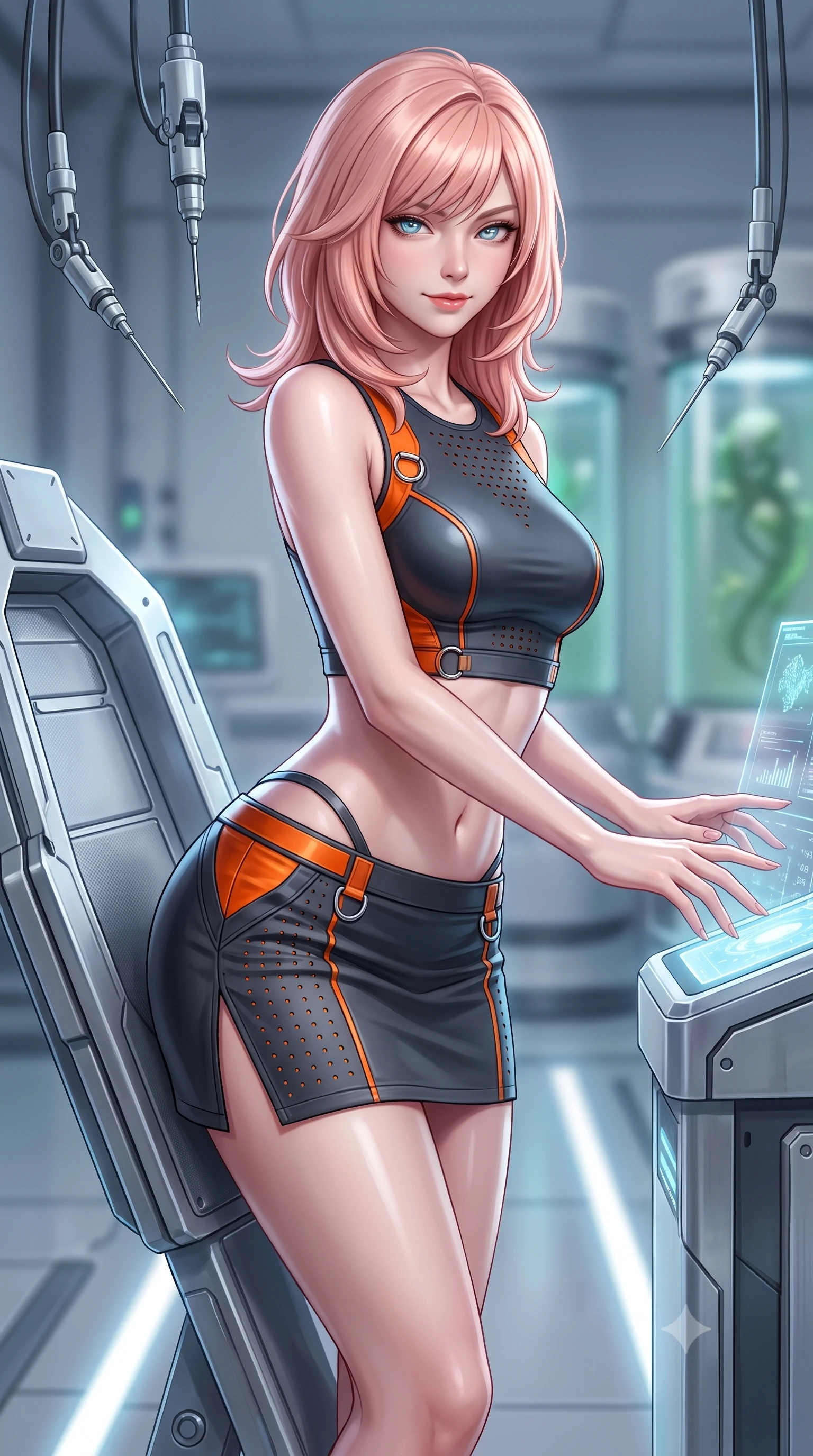 score_9, masterpiece, best quality, ultra-detailed, high-budget anime keyframe, semi-realistic 3D game render, editorial fashion photography, tasteful artistic composition, Japanese woman. close-up cowboy shot from the waist and thighs up, the character dominates the composition, filling the frame with her large presence. resting both hands lightly on the holoscreen pedestal while leaning toward the lens with a teasing smirk, her tight combat suit hugging her narrow waist and feminine hip curve while leaning against the bionic calibration cradle with hips cocked back, looking into the camera with an enchanting smile and glowing optic eyes. The background shows a soft-focus suspended robotic calibration needles and sterile bio-gel tanks softened in advanced laboratory shallow focus. She has an exceptionally elegant, slender, and willowy female figure with an ultra-slim waist, flat toned midriff, narrow ribcage, and sculpted feminine hips creating an alluring, slim hourglass silhouette without bulk. sharp v-shaped jawline, high-bridge nose, intricate jewel-like sparkling eyes with depth, thick eyelashes, glossy parted lips with a natural sheen, bright confident smile with an enchanting and coquettish sensual glint, exuding both youthful magnetic charm and sovereign high-tech allure, flawlessly proportioned anatomical accuracy, strict slender model proportions, natural body alignment, perfectly sculpted long slender limbs, ultra-slim waistline, clean dynamic posture without body distortion. wearing a body-hugging modern carbon-alloy crop top paired with a low-rise tactical skirt and a subtle waist cut-out in stealth charcoal slate and molten laser orange, made of high-grade ballistic nylon with precision laser-cut perforations, finished with sharp laser-cut side ventilation slits framed by silver hardware rings, the aerodynamic second-skin silhouette tightly following the natural contour of her hips and long slender legs with youthful 8.5-heads elegance. illuminated by floor light strips and sharp icy-platinum rim lights defining her sculpted collarbones, ultra-slim waist, and curvy hips. highly saturated vibrant anime colors, detailed shading with soft gradients, rich glossy textures, high-contrast stereoscopic depth, volumetric dynamic lighting, master piece, 9:16 ratio