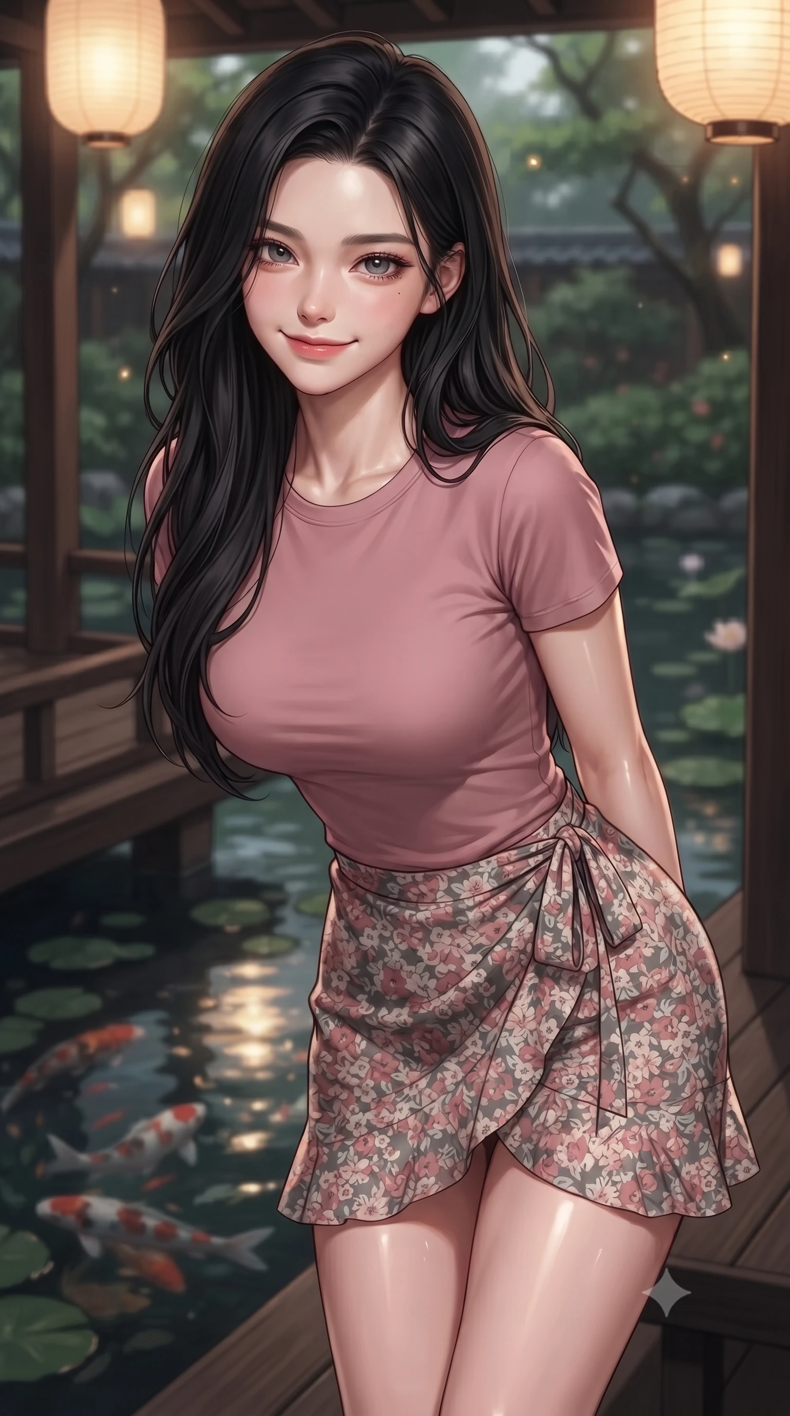 score_9, masterpiece, best quality, ultra-detailed, high-budget anime keyframe, editorial fashion photography, tasteful artistic composition, Korean woman. close-up cowboy shot from the waist and thighs up, the character dominates the composition, filling the frame with her large presence, background elements kept in soft focus. leaning slightly forward with a playful, teasing smile, her gaze locked onto the viewer the background shows a soft-focus a quiet garden tea deck overlooking a lotus pond with koi fish swimming below. She has an exceptionally elegant, slender, and willowy female figure with an ultra-slim waist, a gracefully sculpted slender torso, and a refined silhouette. sharp v-shaped jawline, high-bridge nose, intricate jewel-like eyes with depth, thick eyelashes, glossy lips with a natural sheen. wearing a body-hugging simple crewneck t-shirt in dusty pink paired with a floral print wrap skirt. warm paper lantern light reflecting off the still water surface. ultra-reflective glossy finish, specular highlights, metallic sheen, high-contrast stereoscopic depth, volumetric dynamic lighting, 2k, ultra detail, master piece, 9:16 ratio