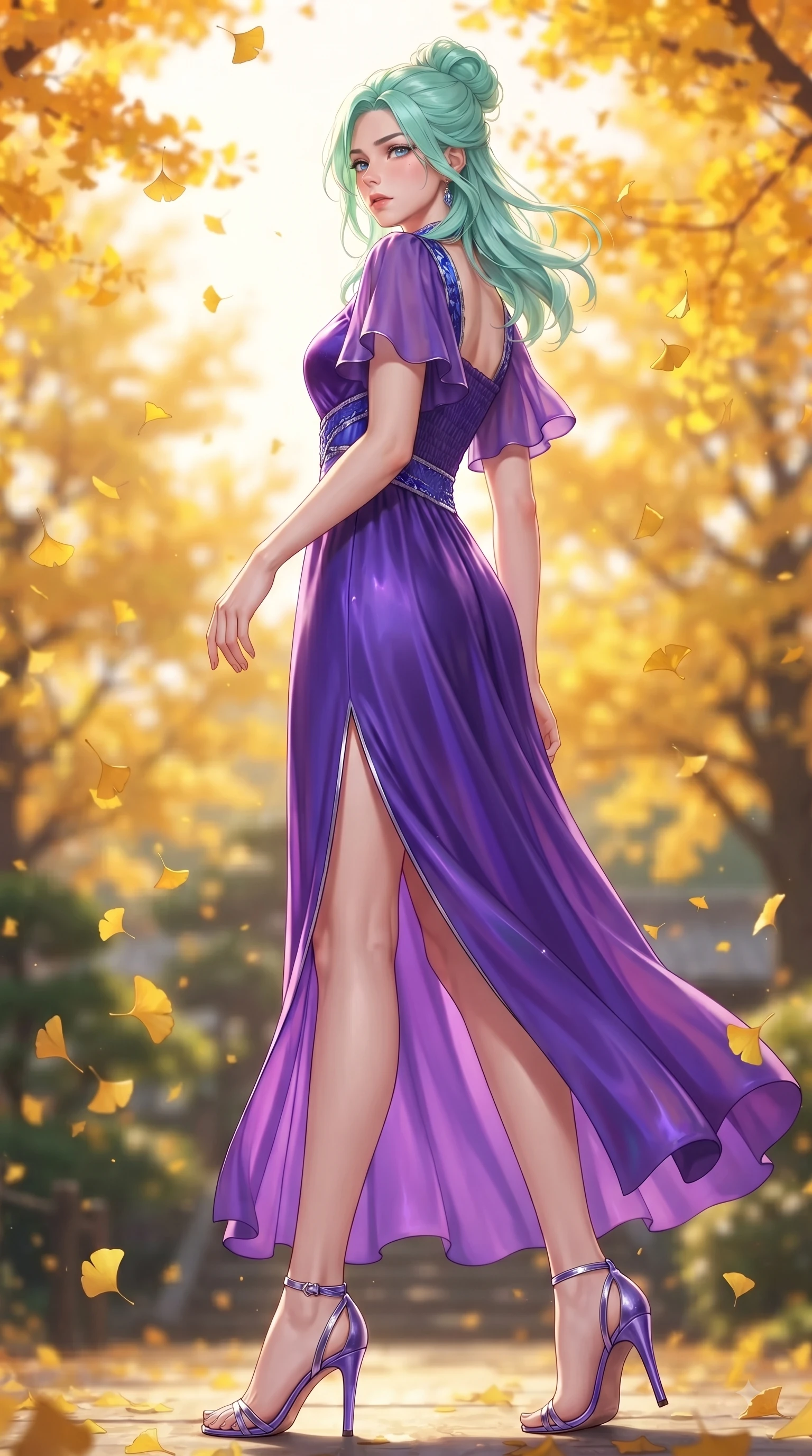 score_9, masterpiece, best quality, ultra-detailed, high-budget anime keyframe, editorial fashion photography, tasteful artistic composition, Japanese woman. low angle full-body shot from head to toe showing her feet, filling the entire 9:16 vertical frame with her statuesque presence, stretching her vertical silhouette. Subtle lingering regret in her eyes, looking back over her shoulder with an emotional, reluctant glance while pivoting gracefully as golden ginkgo leaves flutter down like gold rain around her. The composition keeps background elements in soft focus with dreamy bokeh. vibrant yellow and orange tree arcades blurring smoothly behind her fashion silhouette. She has an absolutely perfect, statuesque 8.5-heads proportion, an exceptionally tall and slender model-like female figure with impossibly long slender legs and an ultra-slim waist. sharp v-shaped jawline, high-bridge nose, intricate jewel-like eyes with depth, thick eyelashes, glossy lips with a natural sheen, flawlessly proportioned anatomical accuracy, natural body alignment, perfectly sculpted elegant limbs, clean dynamic posture without body distortion. wearing a vivid violet chiffon gown with delicate smocked details and flutter sleeves in electric cobalt blue and polished silver accent, made of premium stretch velvet with a rich glossy sheen, finished with a sleek side slit ascending to mid-thigh, the tailored fit highlighting her statuesque and model-like silhouette. bathed in brilliant golden autumn sunlight and warm tree canopy backlighting. ultra-reflective glossy finish, specular highlights, metallic sheen, high-contrast stereoscopic depth, volumetric dynamic lighting, 2k, ultra detail, master piece, 9:16 ratio
