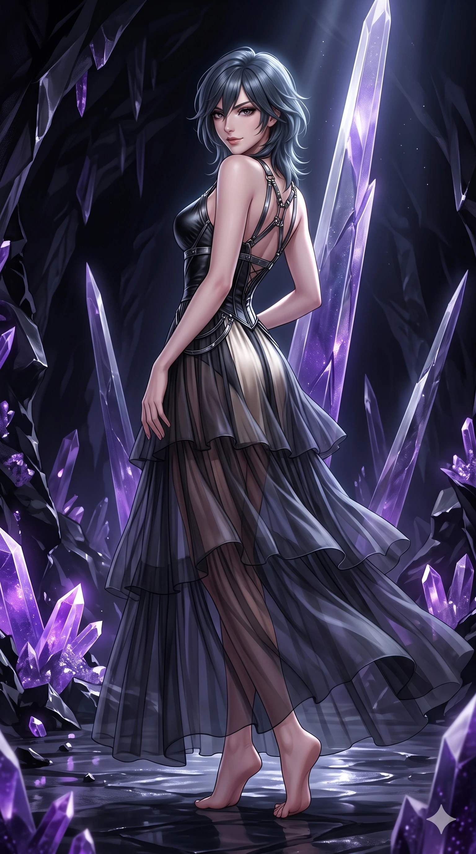 score_9, masterpiece, best quality, ultra-detailed, high-budget anime keyframe, semi-realistic 3D game render, editorial fashion photography, tasteful artistic composition, Caucasian woman. low angle full-body shot from head to toe showing her feet, filling the entire 9:16 vertical frame with her statuesque presence, stretching her vertical silhouette. executing a slow, elegant turn as her liquid gown flutters around her slender legs, glancing over her shoulder with an intoxicating bedroom-gaze while leaning against a towering crystalline needle with hips cocked back, casting an intoxicating, sultry bedroom-gaze over a bare shoulder. The surrounding environment is rendered in vivid detail and crisp panoramic clarity: sharp conchoidal obsidian fracture edges, luminous amethyst crystal facet clarity, and smooth reflective basalt floor in deep focus. She has an absolutely perfect, statuesque 8.5-heads proportion, an exceptionally tall and slender model-like female figure with impossibly long slender legs, an ultra-slim waist, a flat toned midriff, narrow delicate ribcage, and beautifully sculpted feminine hips creating a graceful, slim hourglass silhouette without any bulky heaviness. sharp v-shaped jawline, high-bridge nose, intricate jewel-like dark sparkling eyes with hypnotic seductive depth, thick curled eyelashes, glossy parted lips with a natural wine sheen, alluring bedroom-eyes with an enigmatic smoldering smile, exuding magnetic sovereign charisma and dark avant-garde glamour, flawlessly proportioned anatomical accuracy, strict slender model proportions, natural body alignment, perfectly sculpted long slender limbs, ultra-slim waistline, clean dynamic posture without body distortion. wearing a tiered semi-sheer black tulle and silk slip dress with an ultra-slim corseted waist and bare shoulders in celestial champagne ivory and high-gloss jet black, made of supple butter-soft lambskin leather with a subtle satin sheen, highlighted by a gunmetal metallic harness structure, contouring every curve with an exceptionally elegant silhouette and captivating allure. lit by cold silver beams and violet crystal luminescence cutting through pitch-black subterranean darkness. highly saturated vibrant anime colors, detailed shading with soft gradients, rich glossy textures, high-contrast stereoscopic depth, volumetric dynamic lighting, master piece, 9:16 ratio