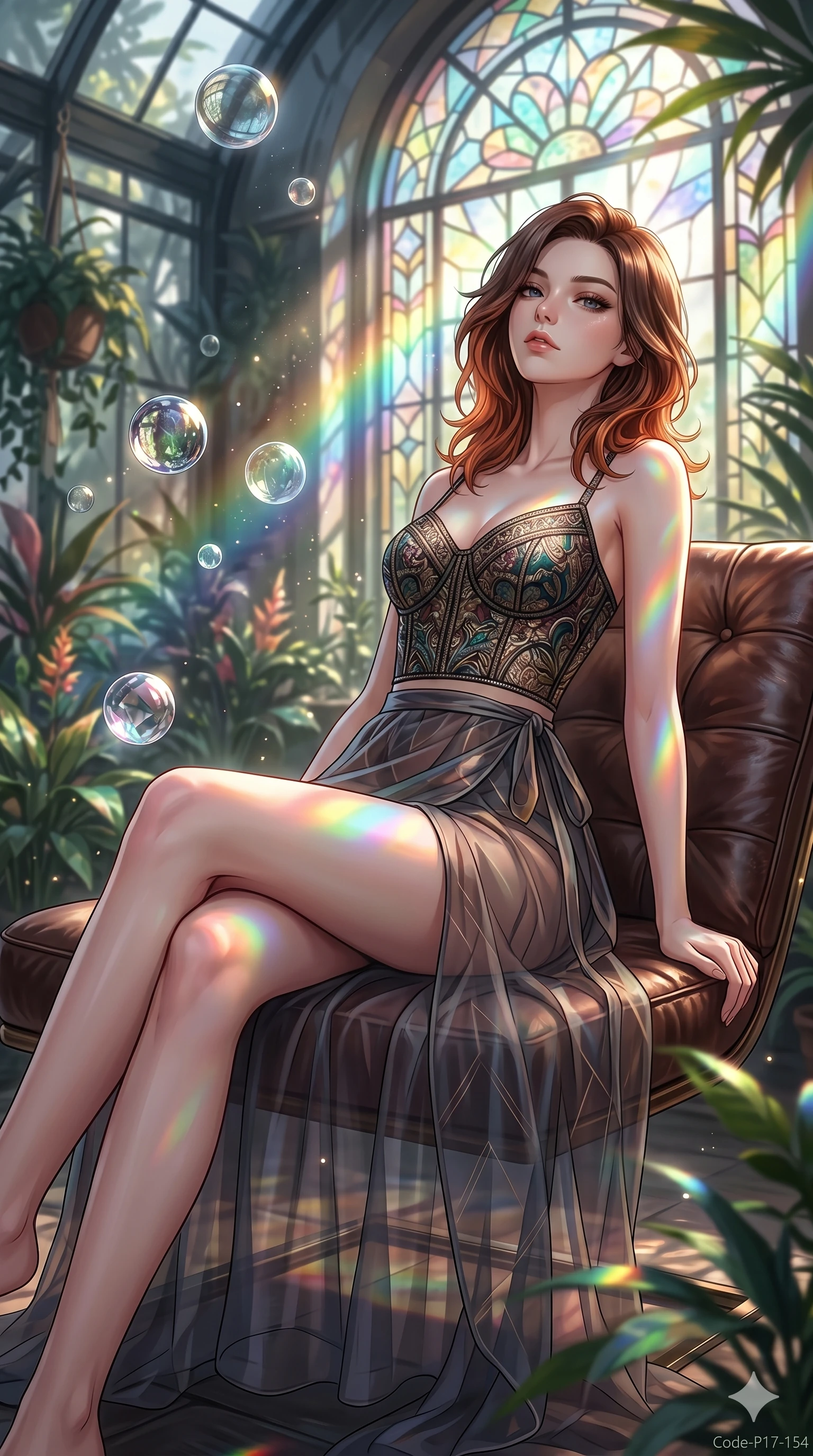 score_9, masterpiece, best quality, ultra-detailed, high-budget anime keyframe, editorial fashion photography, tasteful artistic composition, Korean woman. cowboy shot from the thighs up, character and outfit filling the frame for maximum editorial presence. leaning back on a leather lounge chair, tilting her chin up with composed expression inside a greenhouse with levitating spheres (Code-P17-154). She has an absolutely perfect 8-heads proportion, an exceptionally tall and slender female figure with impossibly long slender legs and an ultra-slim waist. V-shaped jawline, high-bridge nose, intricate jewel-like eyes with depth, thick eyelashes, glossy lips with a natural sheen. wearing a fine patterned embroidery structured bodice top combined with a translucent wrap skirt. prismatic rainbow light refracting through the stained-glass window, coloring her skin. 2k, ultra detail, master piece, 9:16 ratio