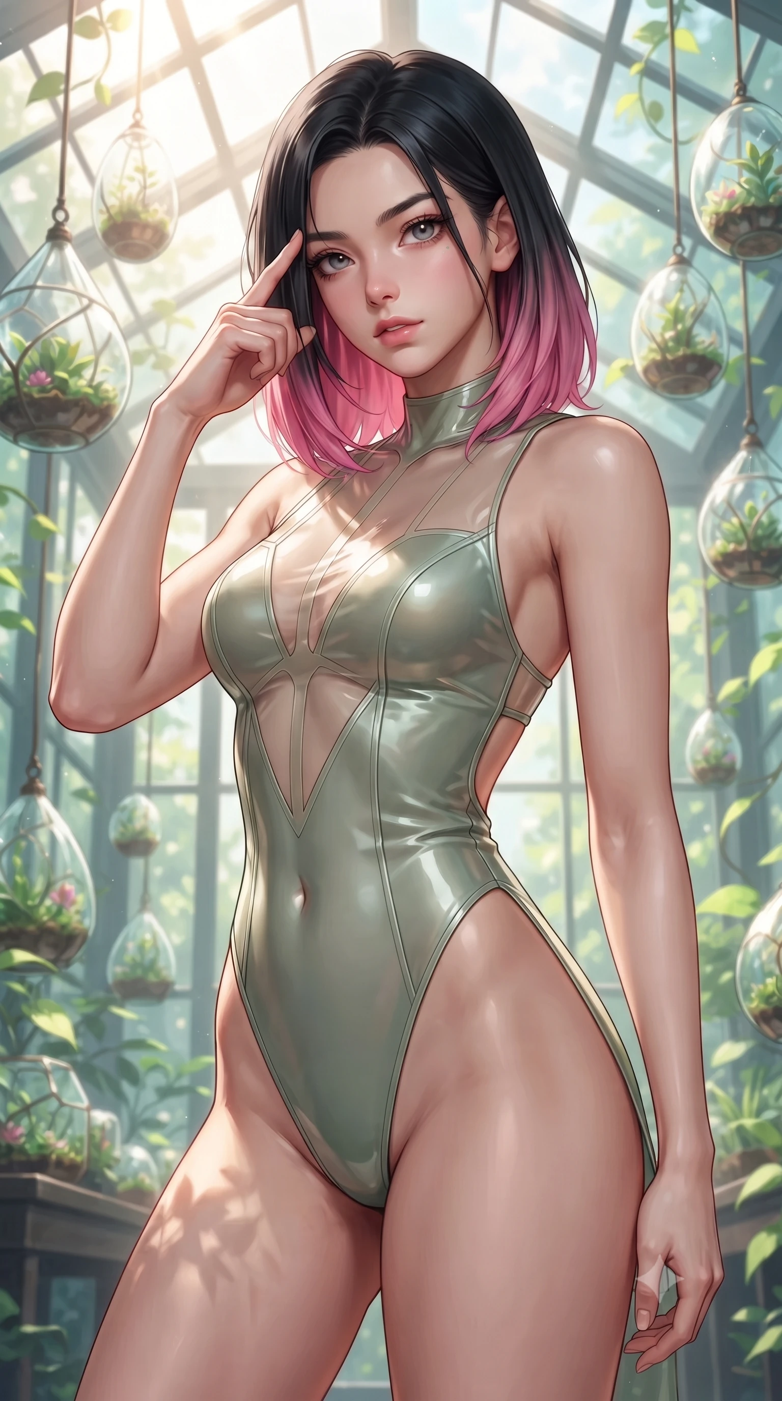 score_9, masterpiece, best quality, ultra-detailed, high-budget anime keyframe, editorial fashion photography, tasteful artistic composition, Korean woman. close-up cowboy shot from the waist and thighs up, the character dominates the composition, filling the frame with her large presence, background elements kept in soft focus. Pressing two fingers to her temple in a composed thoughtful gesture with an air of magnetic charisma surrounded by floating glass terrariums and radiant biomorphic vines, intense volumetric sunbeams filtering through the glass ceiling. She has an exceptionally elegant, slender, and willowy female figure with an ultra-slim waist, a gracefully sculpted slender torso, and a refined silhouette. sharp v-shaped jawline, high-bridge nose, intricate jewel-like eyes with depth, thick eyelashes, glossy lips with a natural sheen. wearing a high-cut translucent vinyl leotard with front paneling and open back in sage green and oatmeal, crafted from lustrous satin jersey with fluid draping, finished with a sleek side slit ascending to mid-thigh, the tailored fabric tightly following every curve of her athletic build. illuminated by brilliant sunbeams casting organic leaf stencil shadows. highly saturated vibrant anime colors, detailed shading with soft gradients, rich glossy textures, high-contrast stereoscopic depth, volumetric dynamic lighting, master piece, 9:16 ratio