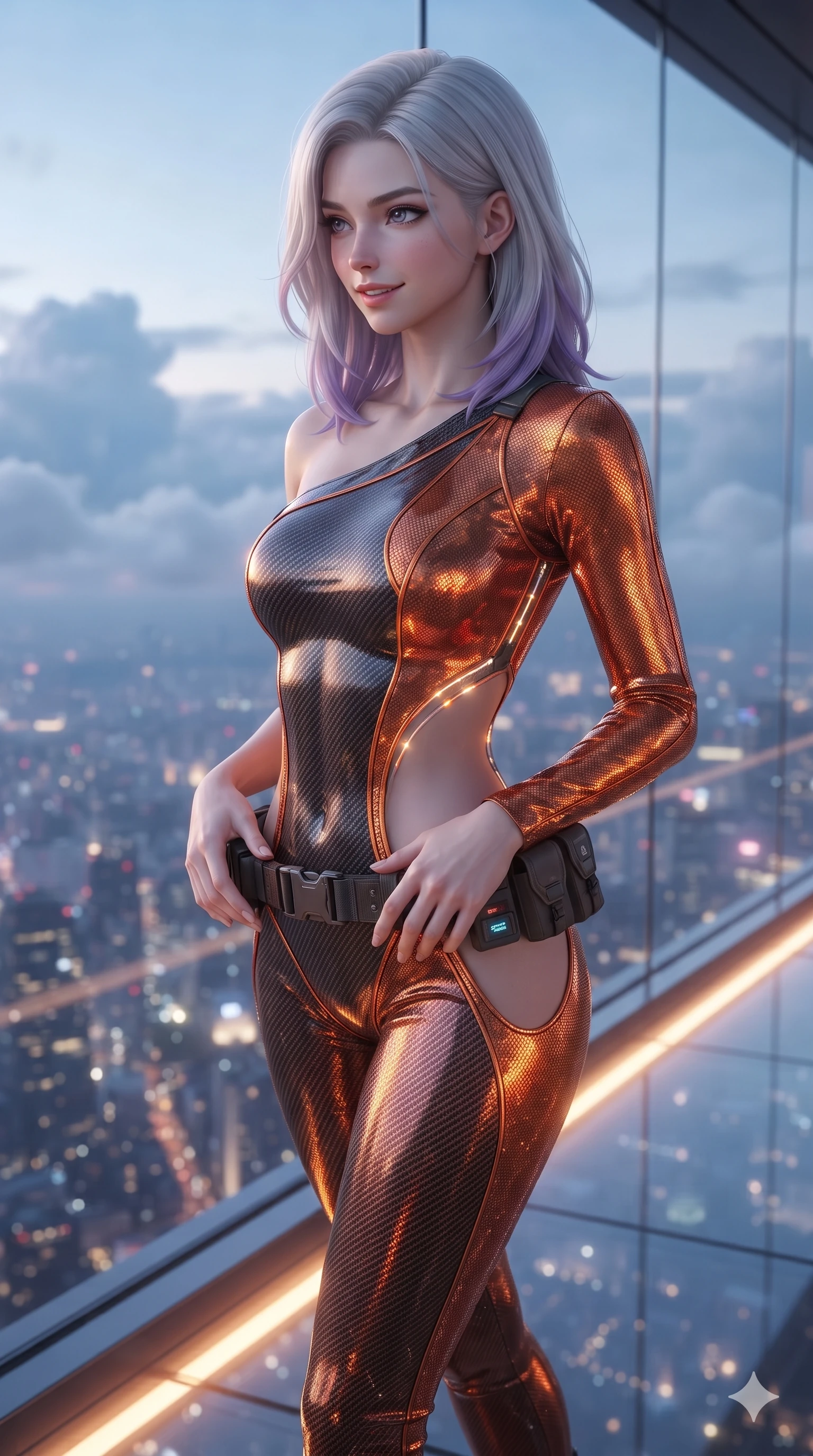 score_9, masterpiece, best quality, ultra-detailed, high-budget anime keyframe, editorial fashion photography, tasteful artistic composition, Caucasian woman. close-up cowboy shot from the waist and thighs up, the character dominates the composition, filling the frame with her large presence. resting both hands lightly on her tactical utility belt, arching her spine to highlight her narrow waist, flat midriff, and breathtaking collarbones while walking slowly along the transparent glass skybridge, looking back over her shoulder with an air of effortless grace and an alluring, smoldering smile as the sprawling city glitters thousands of meters below. The background shows a soft-focus high-altitude clouds softened in sci-fi diplomatic promenade shallow focus. She has an exceptionally elegant, slender, and willowy female figure with an ultra-slim waist, flat toned midriff, narrow ribcage, and sculpted feminine hips creating an alluring, slim hourglass silhouette without bulk. sharp v-shaped jawline, high-bridge nose, intricate jewel-like sparkling eyes with depth, thick eyelashes, glossy parted lips with a natural sheen, bright confident smile with an enchanting and coquettish sensual glint, exuding both youthful magnetic charm and sovereign high-tech allure, flawlessly proportioned anatomical accuracy, strict slender model proportions, natural body alignment, perfectly sculpted long slender limbs, ultra-slim waistline, clean dynamic posture without body distortion. wearing an asymmetric one-shoulder combat catsuit with carbon-weave paneling and an open-waist architecture emphasizing her hips in fiery geothermal copper and molten amber glow, crafted from stretch micro-mesh with liquid foil coating that shimmers with every movement, accented with illuminated micro-fiber optic circuit threads tracing along her ribs and spine, the form-fitting tactical tailoring adhering flawlessly to her sculpted flat midriff and slender torso, emphasizing her long leg lines and perfectly proportioned willowy build. bathed in the ethereal twilight skyglow combined with warm under-rail LED strip lighting and glittering city reflections from below. ultra-reflective glossy finish, specular highlights, rich textural contrasts, high-contrast stereoscopic depth, volumetric dynamic lighting, 2k, ultra detail, master piece, 9:16 ratio